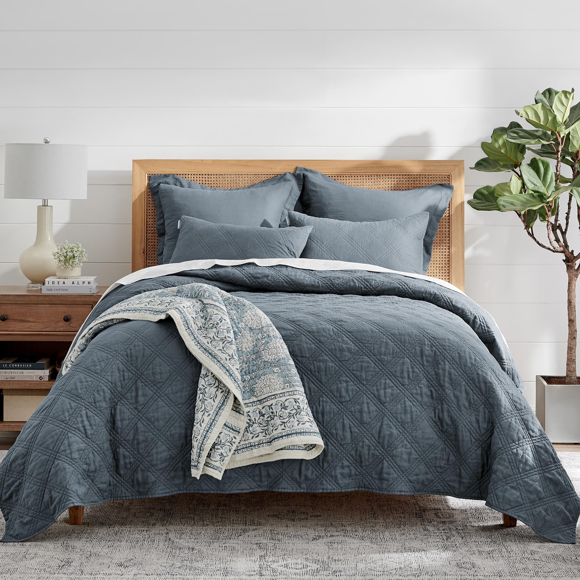 Levtex Home 100% Linen Front Cotton Back King Size Quilt Set - Washed Linen Denim Blue - 106 x 92 Inches - Luxury Bedding for Master Bedroom & Guest Room Decor