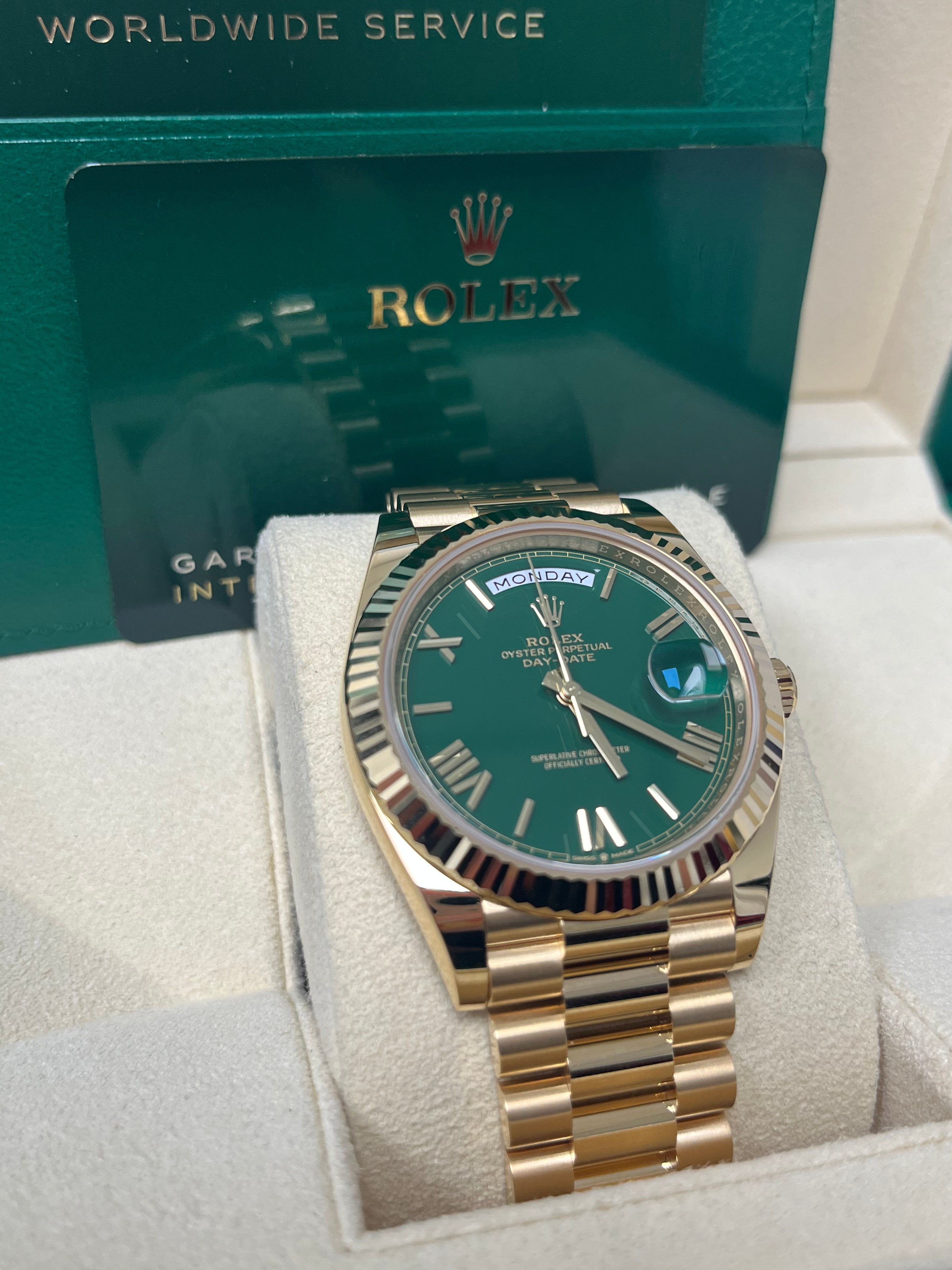 Rolex Day Date 40mm Men's Watch - 18K Yellow Gold Case, Green Roman Dial (Model 228238) | Luxury Dress Watch for Business & Formal Occasions