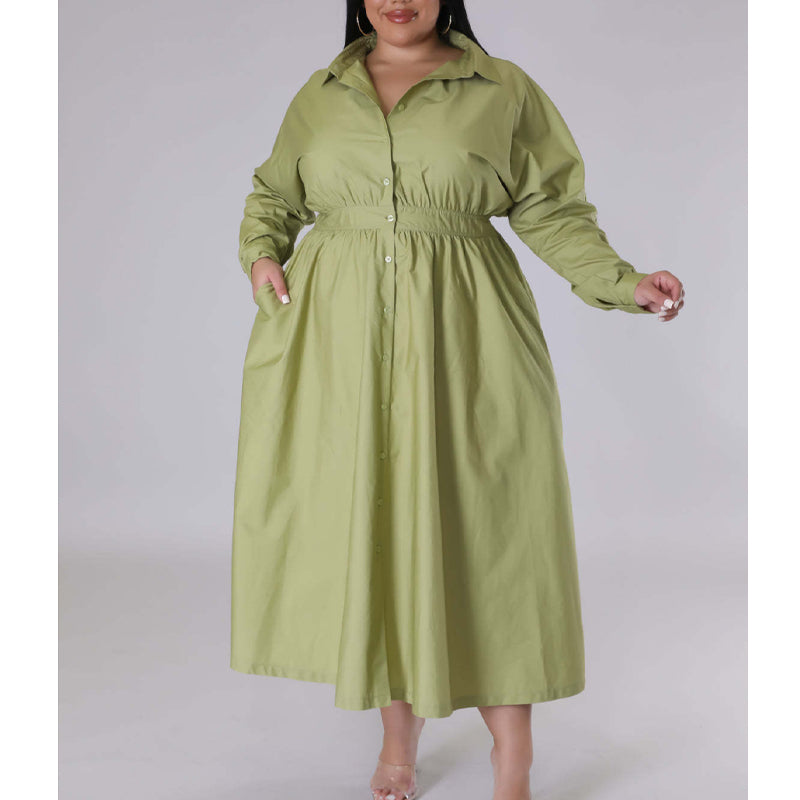 Plus Size Solid Color Long Sleeve Shirt Dress for Women - Casual Office Wear & Everyday Outfit