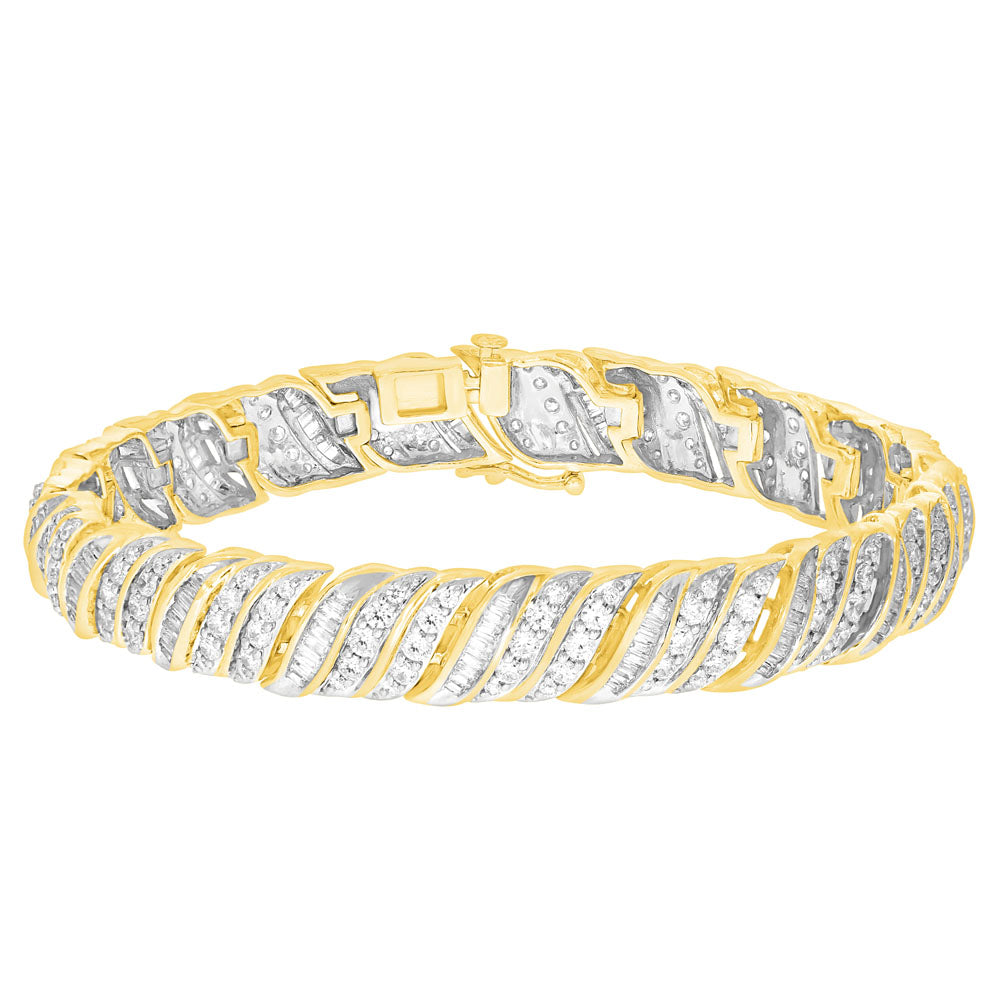 9ct Yellow Gold 5 Carat Diamond Tennis Bracelet 18.5cm with Round Brilliant & Baguette Cut Stones - Perfect for Weddings, Anniversaries & Special Occasions