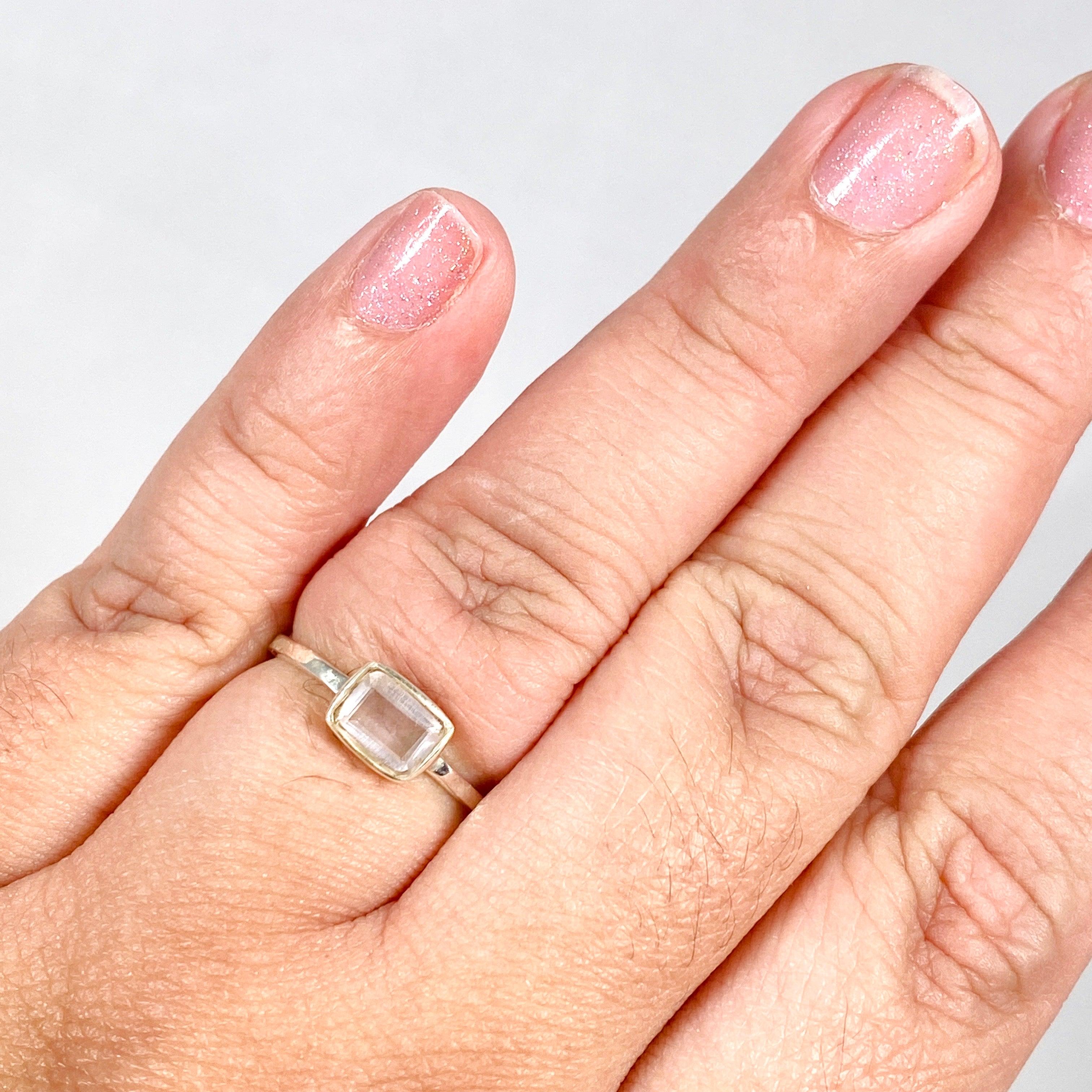 Rose Quartz Rectangular Faceted Fine Band Ring - Dainty Stackable Gemstone Jewelry for Women - Perfect for Everyday Wear, Gift Giving & Special Occasions