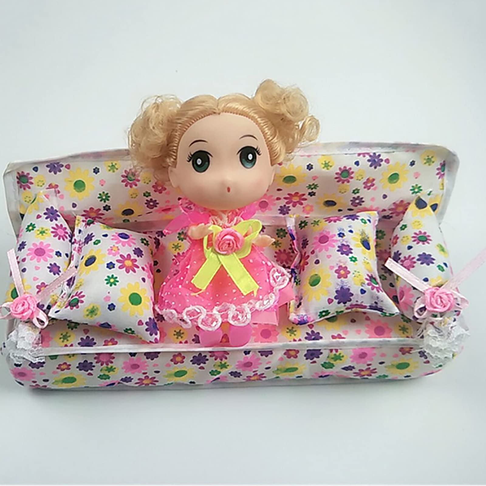 Emivery Mini Dollhouse Furniture - Flower Print Sofa with 2 Cushions, 1:12 Scale Miniature Couch for Dollhouse, DIY Crafts & Room Decor | Perfect for Dollhouse Accessories, Fairy Garden Display & Collectible Miniatures