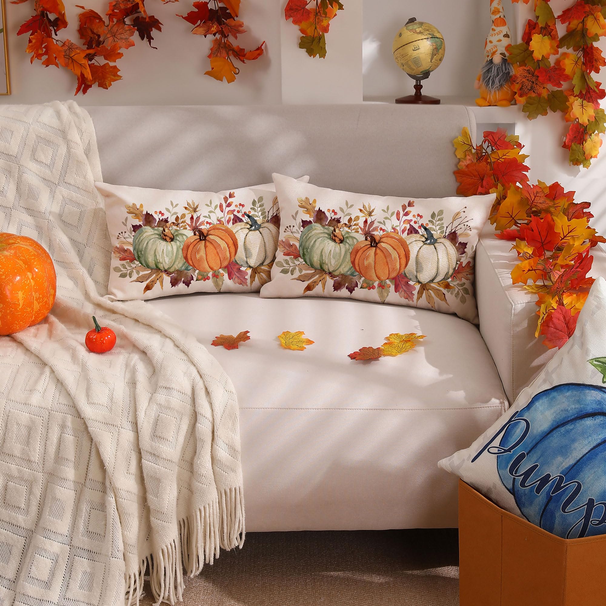 DFXSZ 12x20 Inch Fall Thanksgiving Pillow Covers - Orange White Green Pumpkin Maple Leaf Lumbar Cushion Covers, Soft Polyester Home Decor for Sofa, Couch, Living Room | Seasonal Autumn Thanksgiving Decoration
