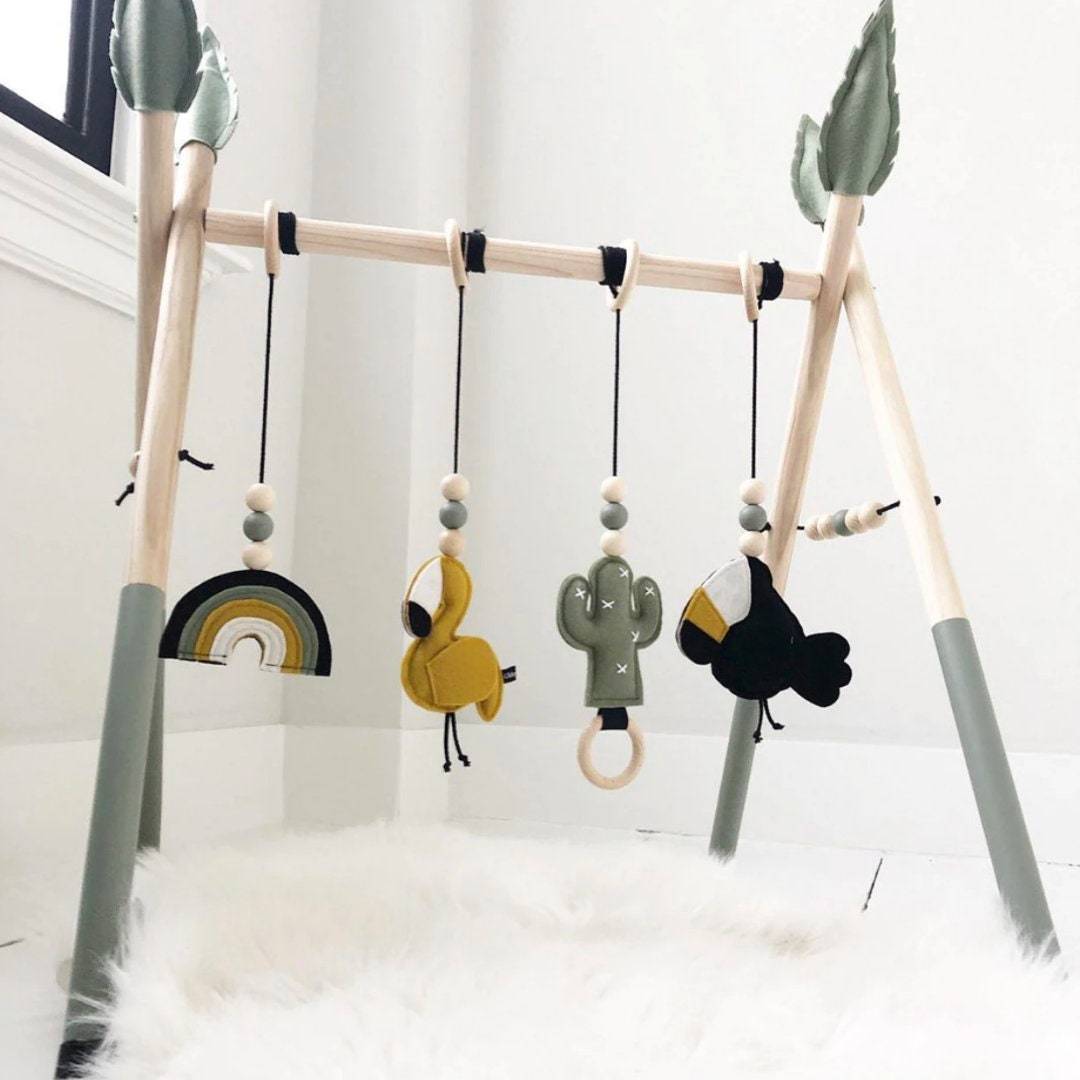 Baby Activity Play Gym with Wooden Frame - Soft Toys & Rattles for Newborns & Infants - Developmental Playmat for Tummy Time & Sensory Stimulation - Perfect for Nursery, Daycare & Home Playtime