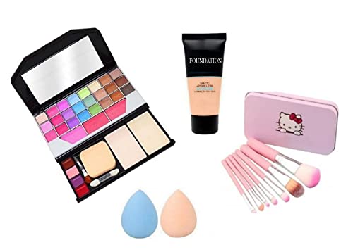 Tya 6155 Women's & Girls' Multicolor Makeup Kit with 7Pcs Pink Brushes & 2 Beauty Blenders - Foundation Included (11Pcs Set) - Perfect for Daily Makeup, Parties & Travel