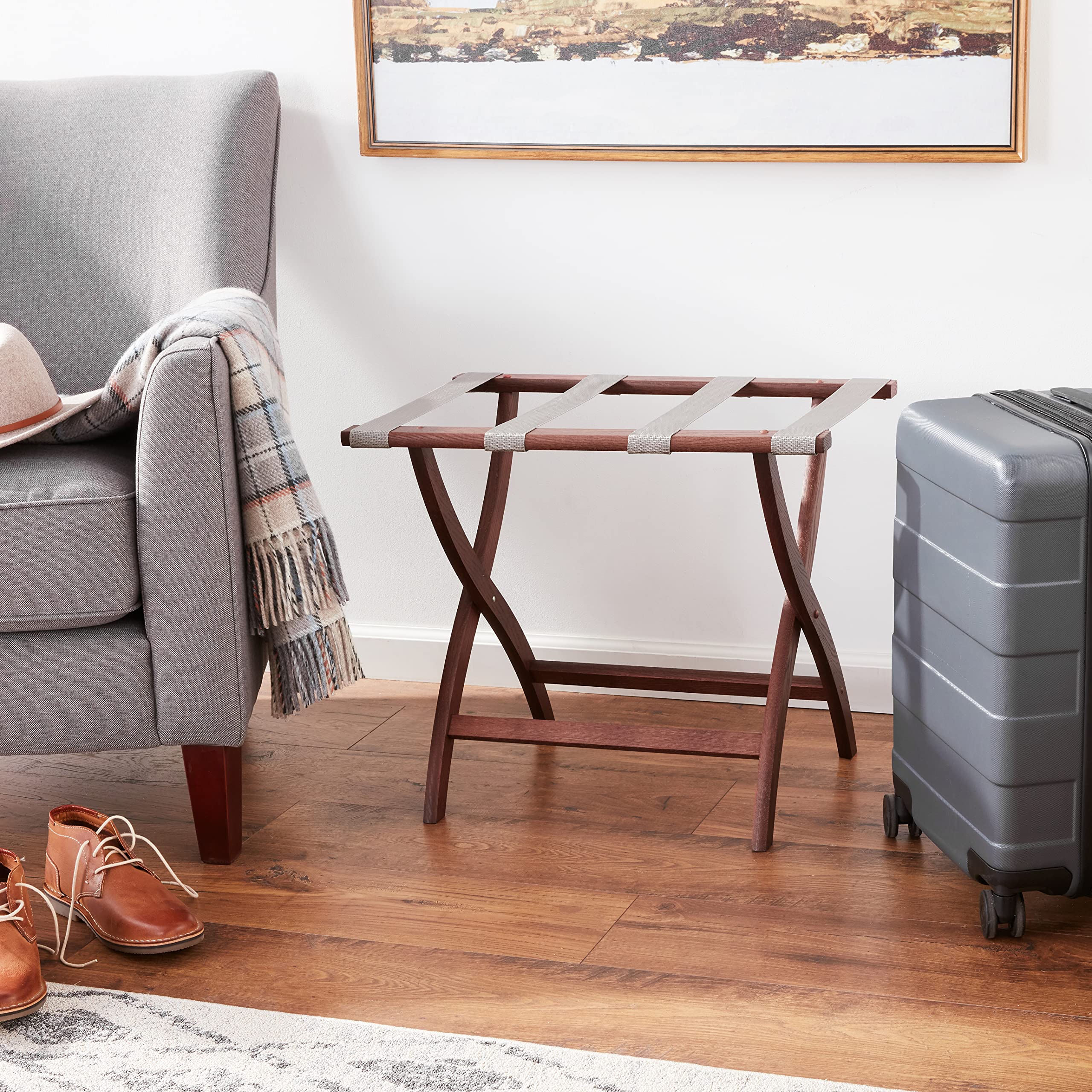 Premium Wooden Mallet Designer Curve Leg Luggage Rack with Grey Straps - Solid Mahogany Wood Suitcase Stand for Bedroom, Entryway & Hotel Use