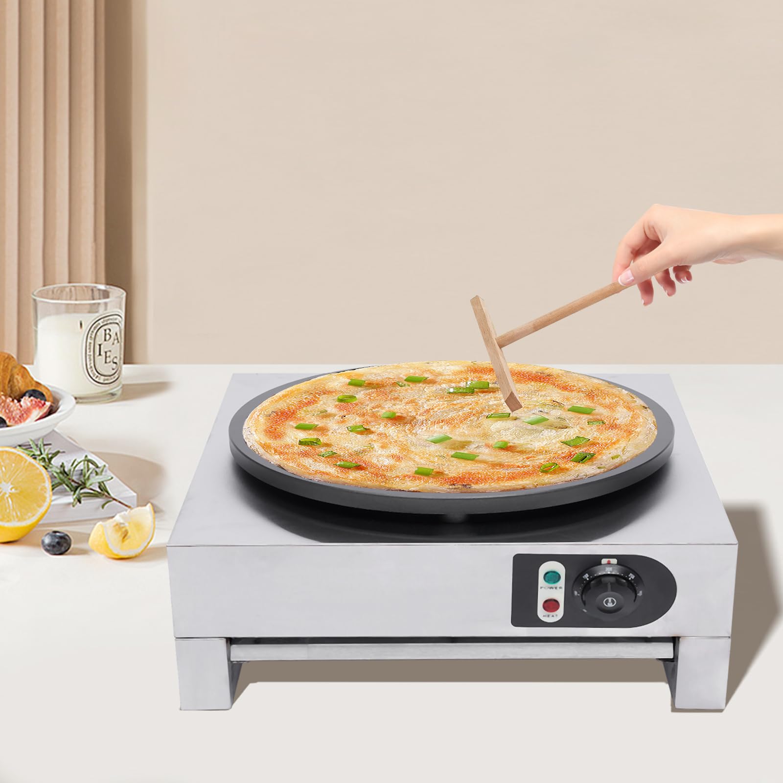 3KW Commercial Electric Crepe Maker Machine - 16 Inch Pancake Griddle with Adjustable Temperature 50-300°C (122-572°F) - 110V for Restaurants, Cafes & Breakfast Catering - Includes Wooden Spatula - Perfect for Crepes, Pancakes & Flatbreads