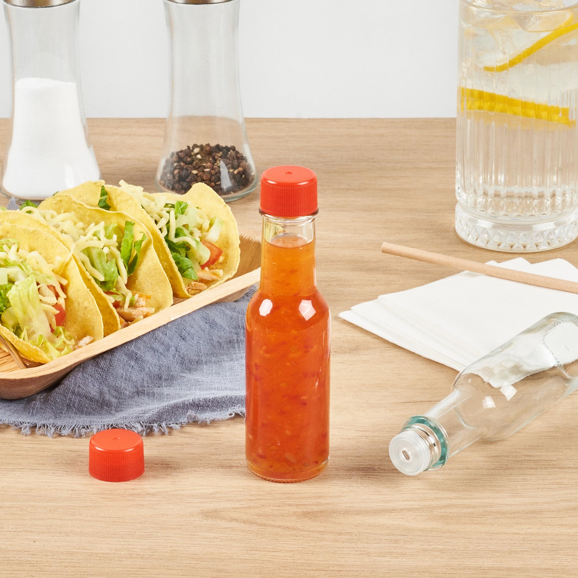 **Vetri 3 oz Clear Glass Woozy Bottles (10-Pack) with Red Caps – Dishwasher Safe & Durable for Hot Sauce, Salad Dressing, BBQ Sauce, Oil, Tinctures – Perfect for Restaurants, Catering & Home Kitchens**