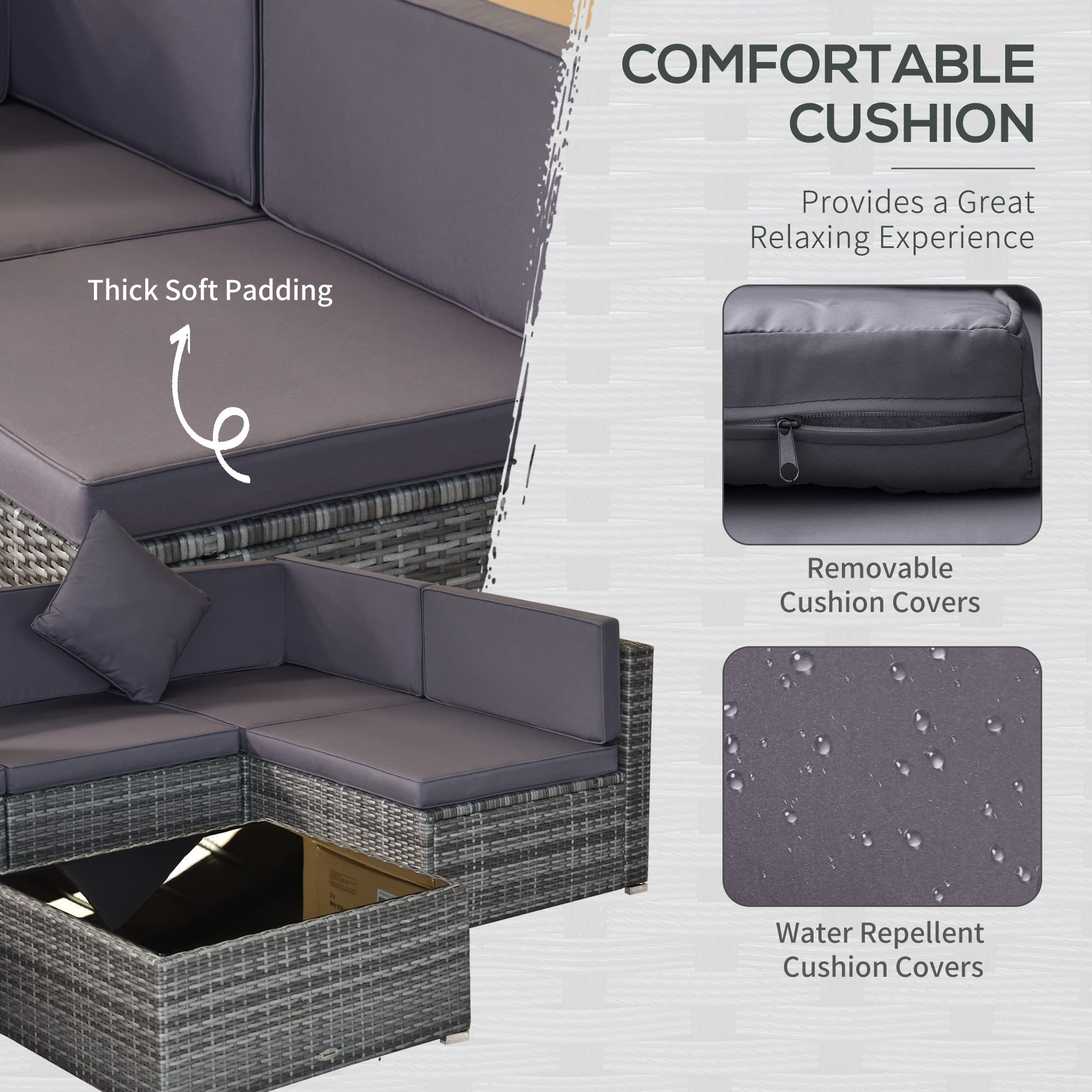 Outsunny 7-Piece All-Weather PE Rattan Patio Furniture Set - Outdoor Wicker Sectional Sofa with Cushions & Tempered Glass Tabletop, Grey - Perfect for Backyard, Garden, Poolside & Patio Relaxation