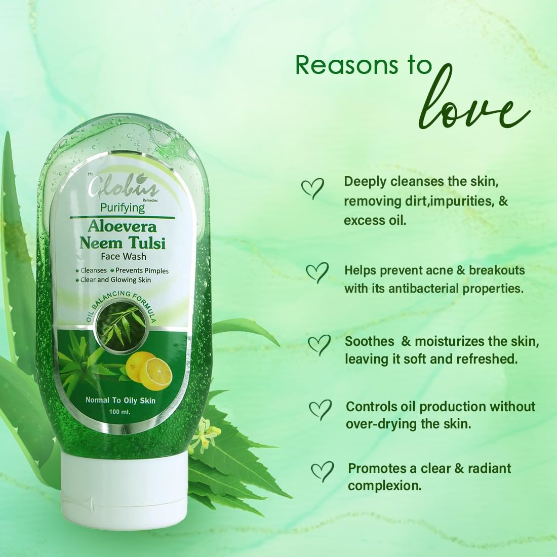 Globus Aloe Vera Neem Tulsi Face Wash - 100ml | Natural Herbal Cleanser for Acne & Oily Skin | Daily Skincare Routine