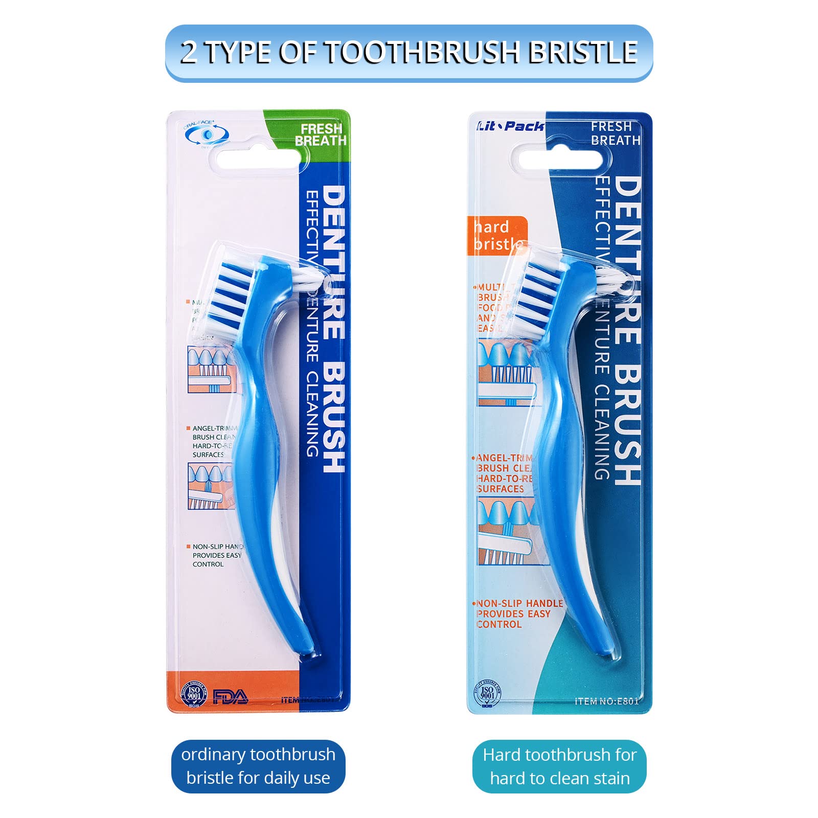 2 Pack Denture Cleaning Toothbrush with Multi-Layered Bristles - Soft & Hard Bristle Options for False Teeth Care - Perfect for Daily Denture Cleaning at Home or Travel