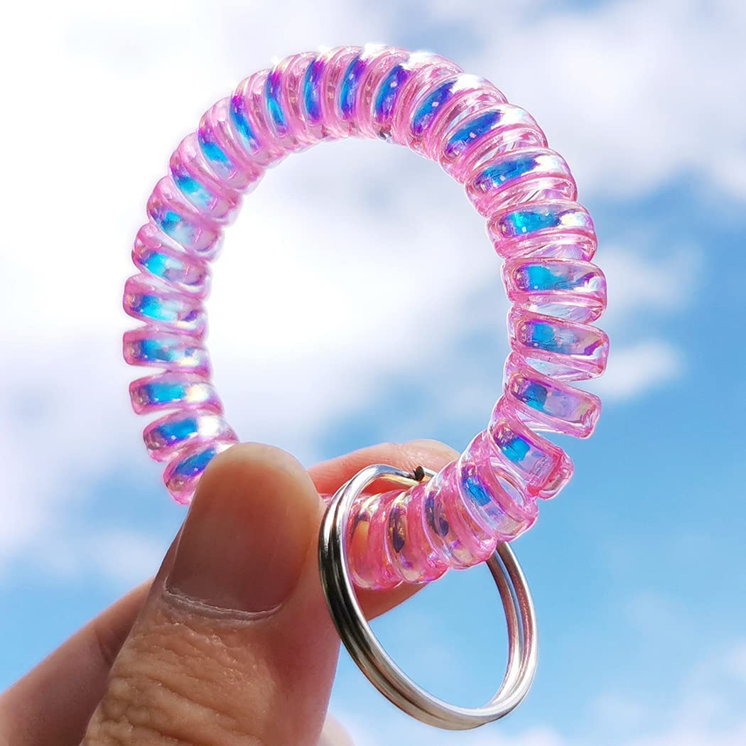 Iridescent Spiral Stretch Bracelet Keychain Holder - Pack of 5 Colorful Wristbands for Keys, Jewelry & Accessories Organization - Perfect for Home, Office, Gym & Travel Use