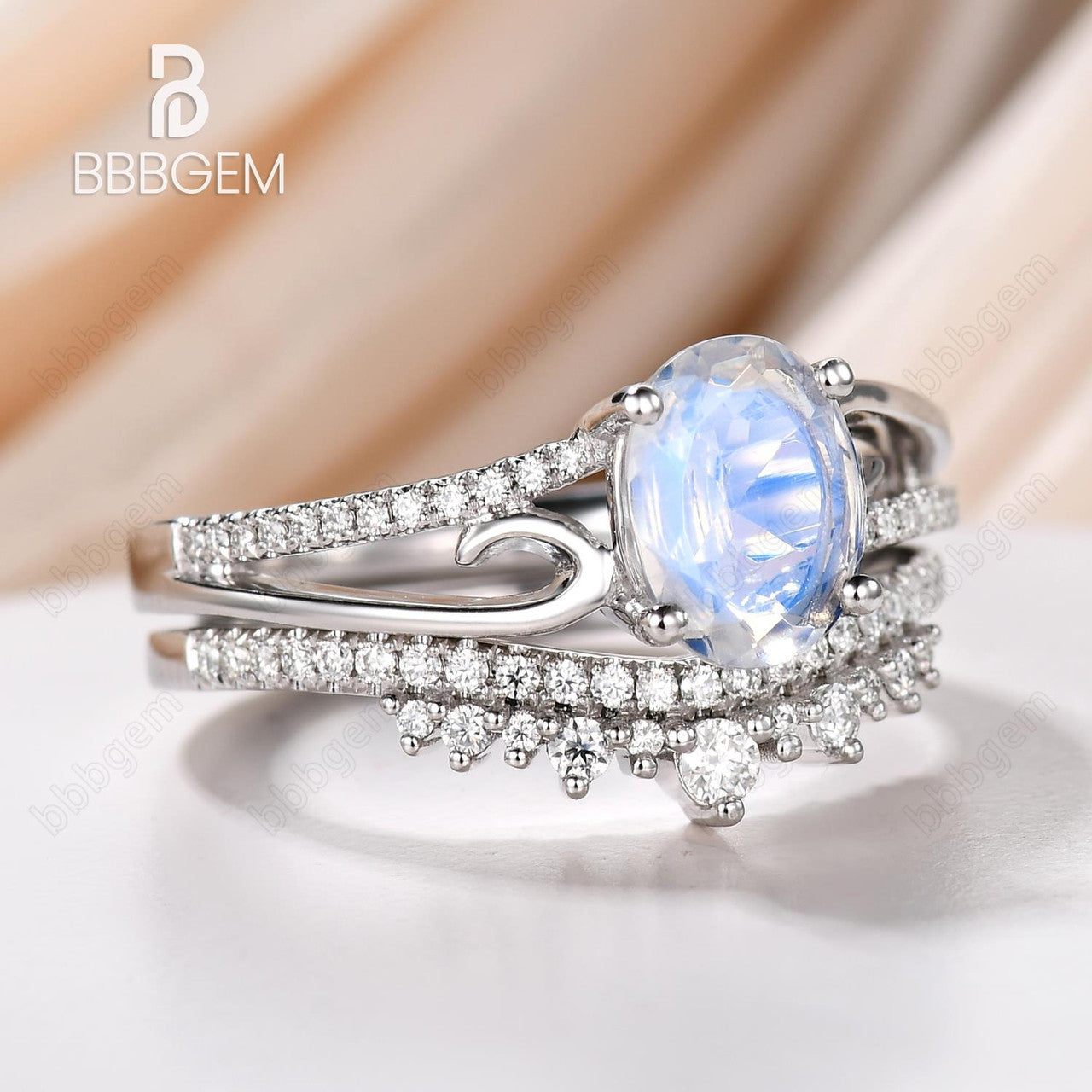 Vintage Art Deco Moonstone & Diamond Engagement Ring Set with Curved Split Shank Band & Matching Crown Wedding Ring - Perfect for Bridal Jewelry, Anniversary Gifts & Special Occasions