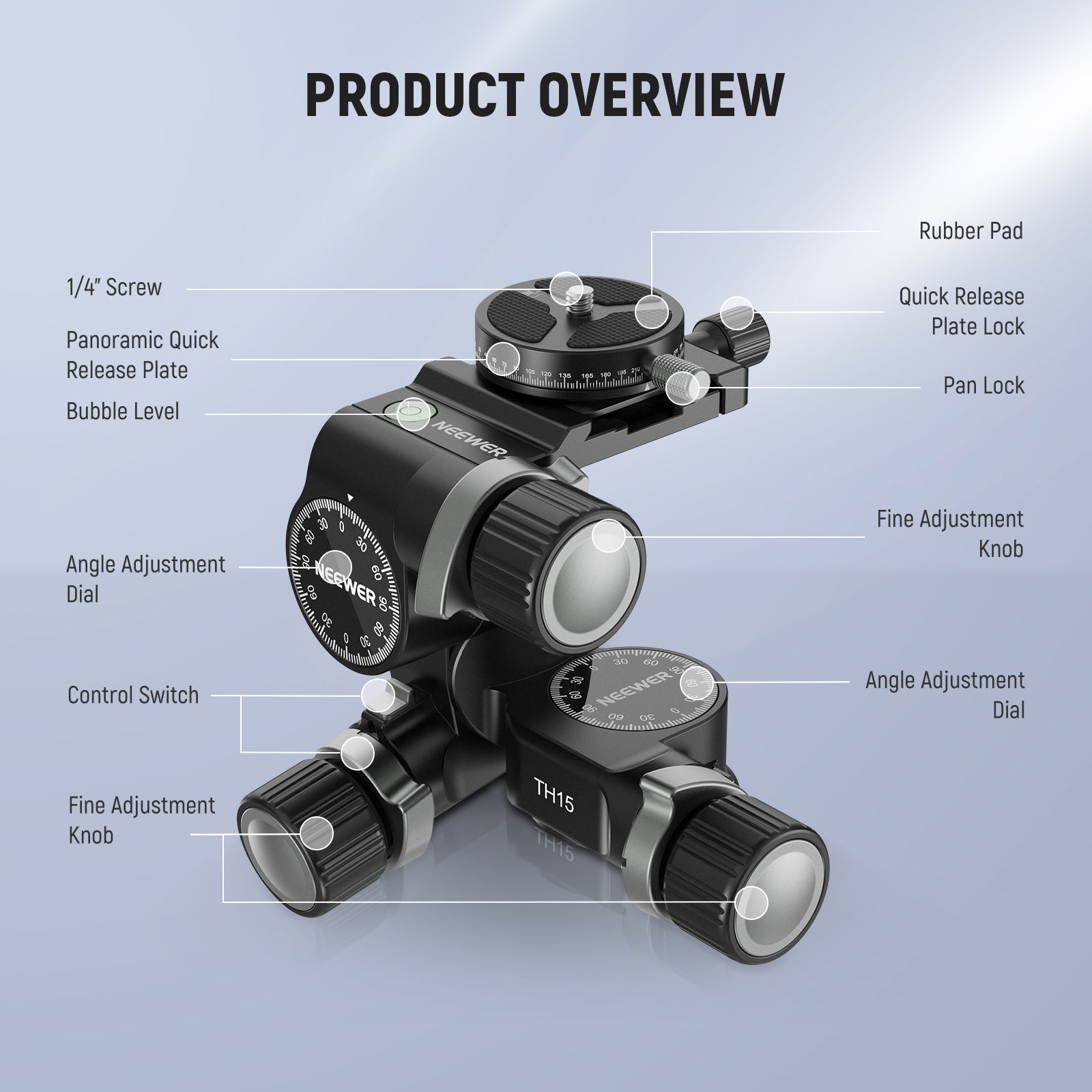 NEEWER TH15/TH16 3-Way Geared Tripod Head for DSLR Cameras - Professional Precision Pan Tilt Head for Photography, Videography & Time-Lapse Shooting