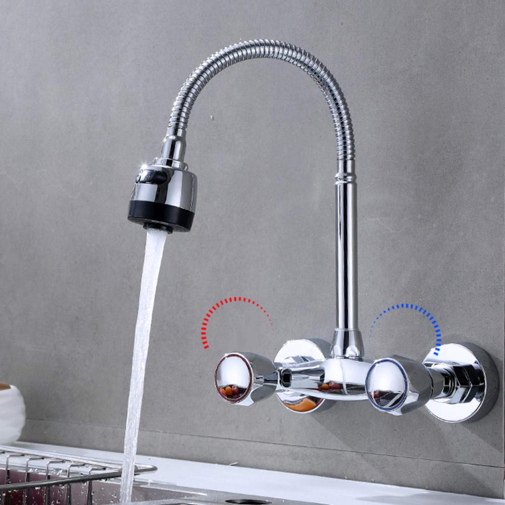 Wall Mounted Faucet - Copper Chrome Kitchen Sink Faucet with Double Handle, Hot & Cold Mixing Valve for In-Wall Installation | Perfect for Balcony, Laundry Room & Utility Sink Applications