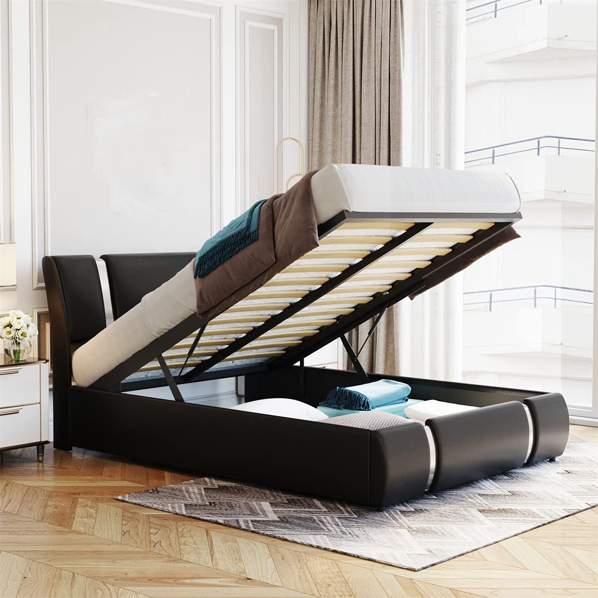 Faux Leather Full Size Platform Bed with Hydraulic Storage System, Upholstered Bed Frame with Headboard & Bentwood Slats - Lift Up Storage Bed for Small Spaces, Guest Room & Master Bedroom (Black)