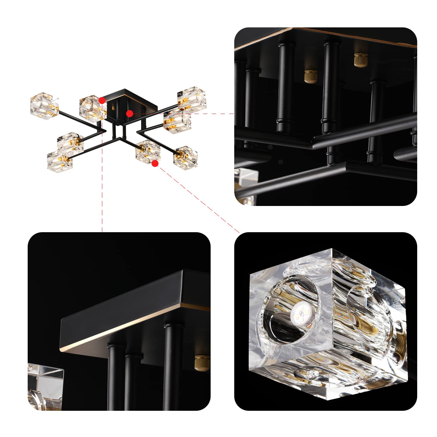 8-Lights Semi Flush Mount Ceiling Light Fixture - Black and Gold Modern Crystal Chandelier - Farmhouse Lighting for Dining Room, Living Room, Kitchen, Bedroom, Entryway - Perfect for Home Decor, Wedding Venues & Restaurants