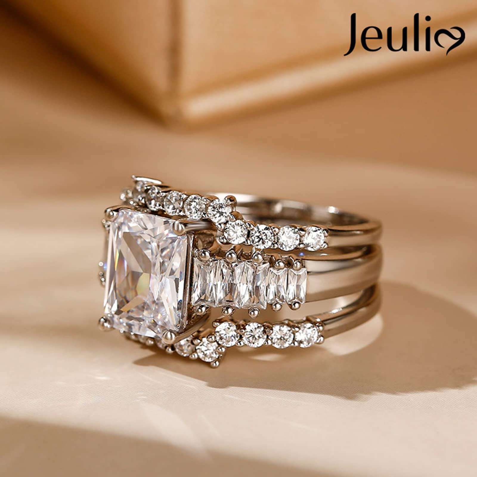 Jeulia 3-Piece Wedding Ring Set - 5.2ct Radiant Cut Engagement Ring & Eternity Bands in Sterling Silver with Cubic Zirconia | Bridal Jewelry for Proposals, Weddings & Anniversaries | Perfect Gift for Her