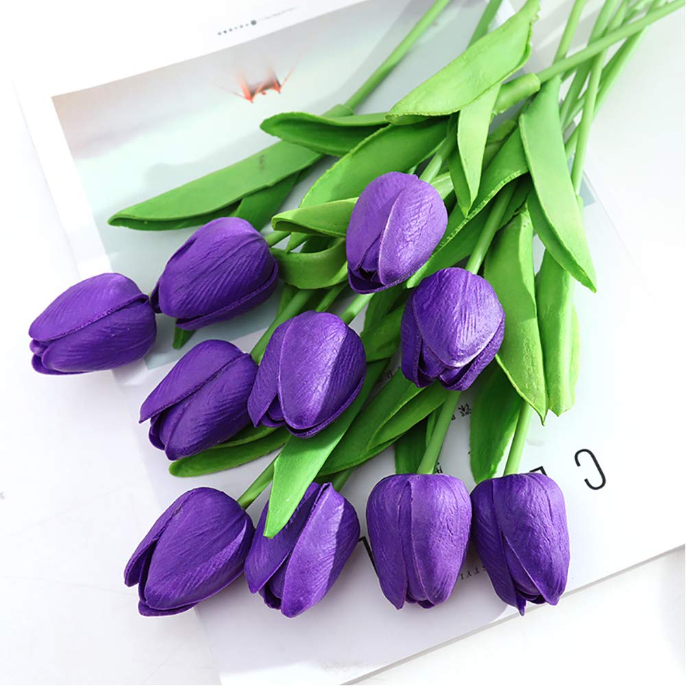 IPOPU 24PCS Real Touch Artificial Tulip Flowers - Lifelike Purple Faux Tulips for Home Decor, Wedding Centerpieces, Baby Shower Arrangements & Table Decoration | Perfect for Living Room, Dining Table, Office Desk and Special Events