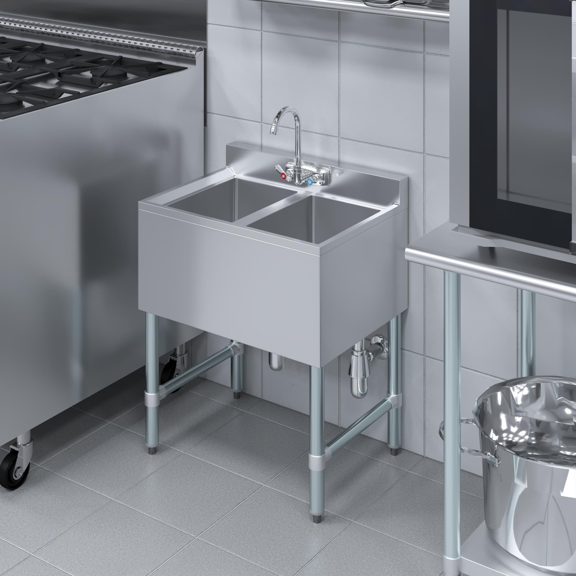 AmGood 2 Compartment Commercial Under Bar Sink with Faucet - 26