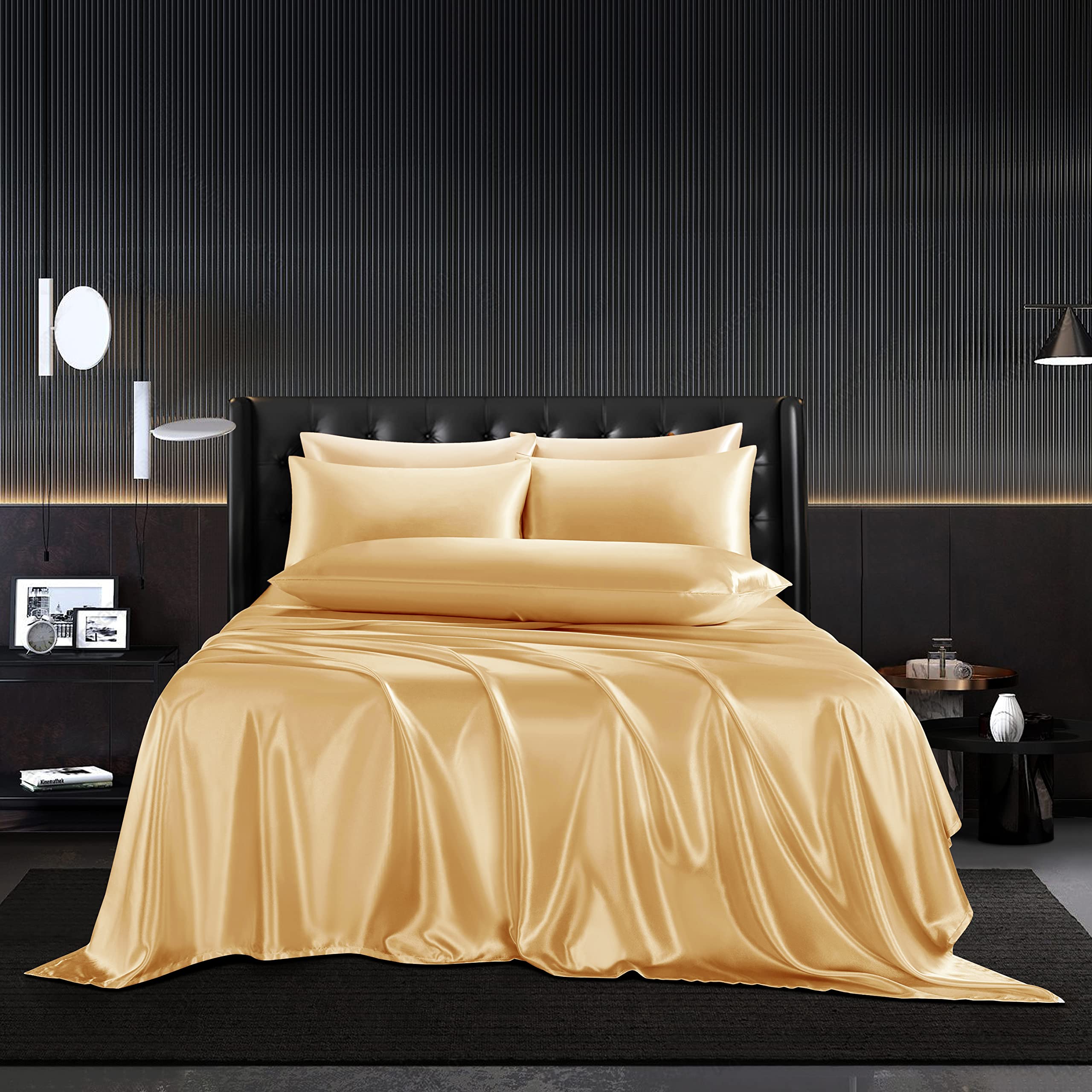 5Pcs Gold Silky Satin Sheets Set - Full Size Luxury Bedding with 1 Flat Sheet, 1 Deep Pocket Fitted Sheet & 3 Envelope Closure Pillowcases - Soft & Elegant for Master Bedroom, Guest Room or Special Occasions