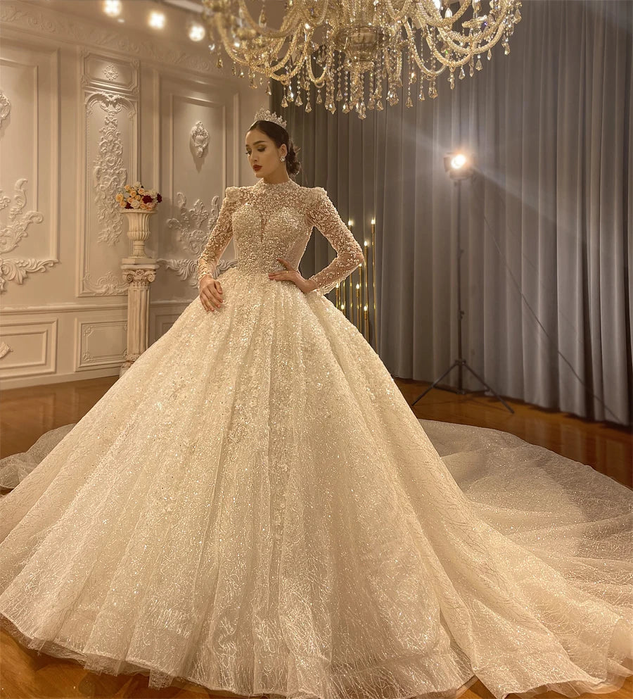 Elegant Long Sleeve Ball Gown Wedding Dress - New Luxury Design with Intricate Detailing | Perfect for Bridal, Formal Events & Romantic Ceremonies