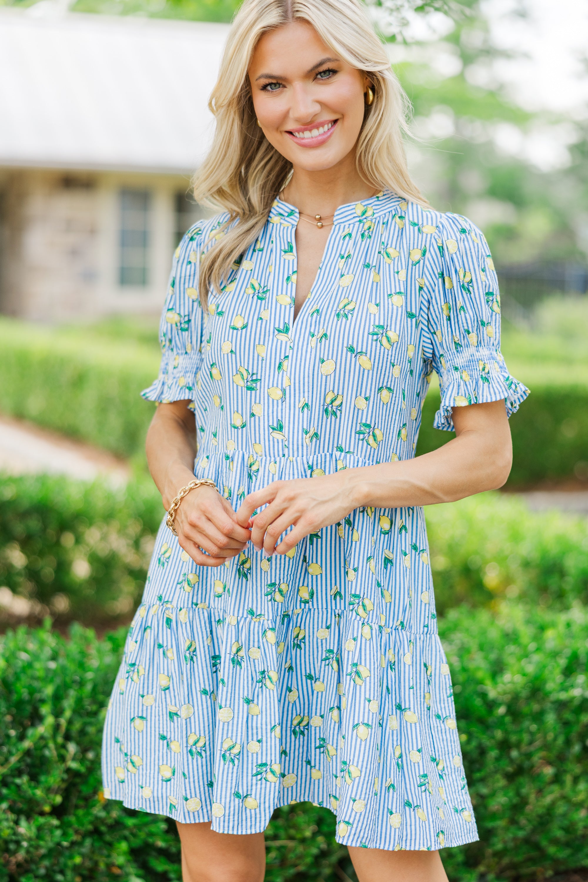 Navy Blue and Lemon Striped Summer Dress for Women - Casual Flowy Beach Dress for Outdoor Parties and Vacations