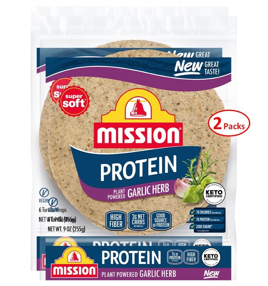 Mission Protein Garlic Herb Tortillas - 6 Count (9 oz), Low Carb, Keto Certified, Vegan, 3g Net Carbs, High Fiber - 2 Packs (12 Wraps) - Perfect for Keto Diets, Meal Prep & Healthy Wraps