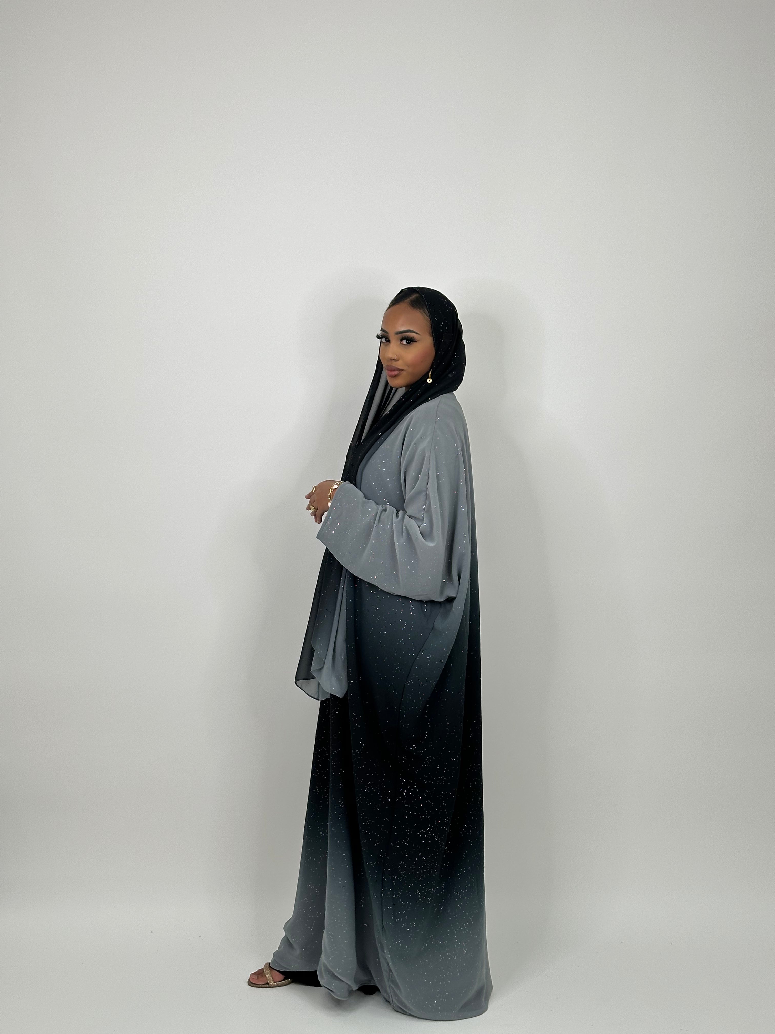 Elegant Grey Ombré Stars Abaya - Stylish Islamic Dress for Women - Perfect for Prayer, Eid, and Special Occasions