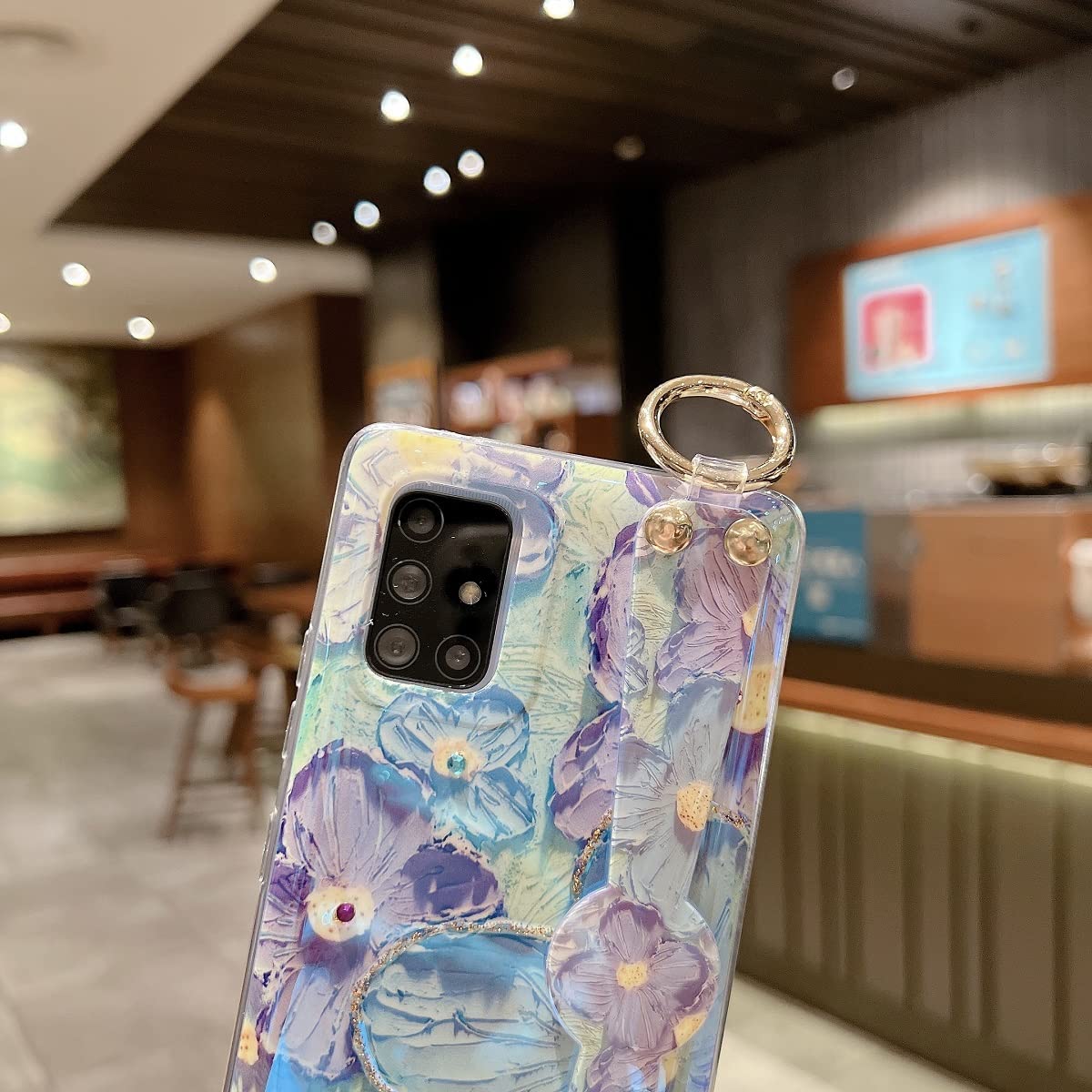 Samsung Galaxy A71 5G Case - Cute Glitter Bling Cartoon Taro Flower Design with Wrist Strap & Kickstand | Shockproof Soft TPU Protective Phone Cover for Women & Girls | Perfect for Daily Use, Work, and Travel