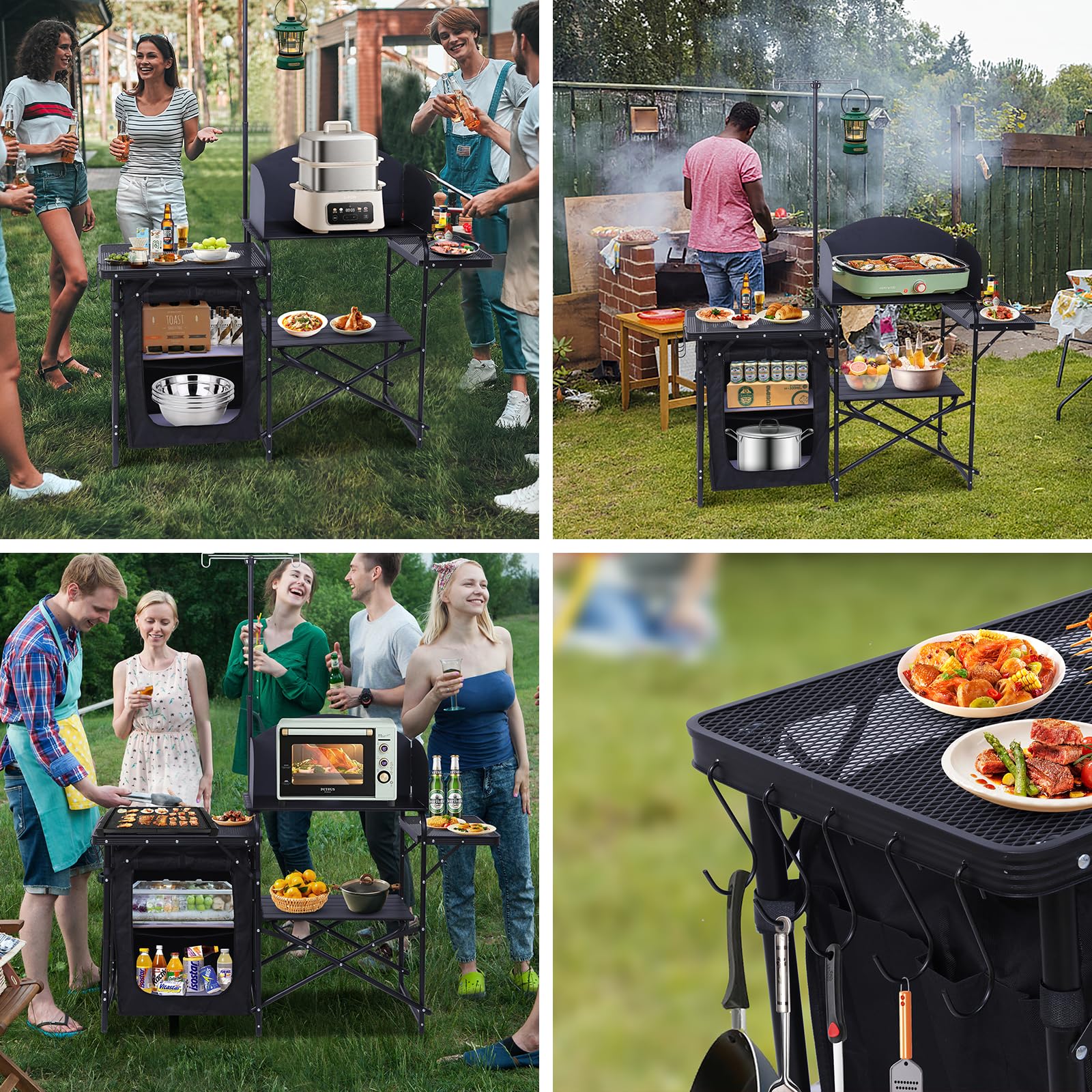Premium Portable Camping Kitchen Station - Foldable Picnic Table & Grill Stand with Light & Windshield - Compact Cooking Organizer for Outdoor, Beach, BBQ & Tailgating - Includes Carry Bag (Black)