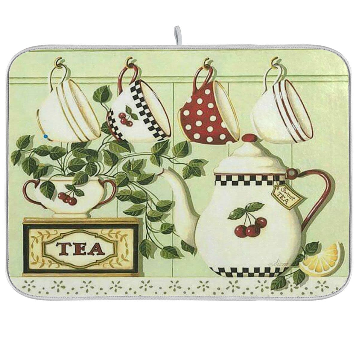 Lemon Cherry Leaf Microfiber Dish Drying Mat - 16x18 Inch Absorbent Reversible Kitchen Tea Cup Pot Drain Pad | Perfect for Countertop Protection & Dish Rack Organization