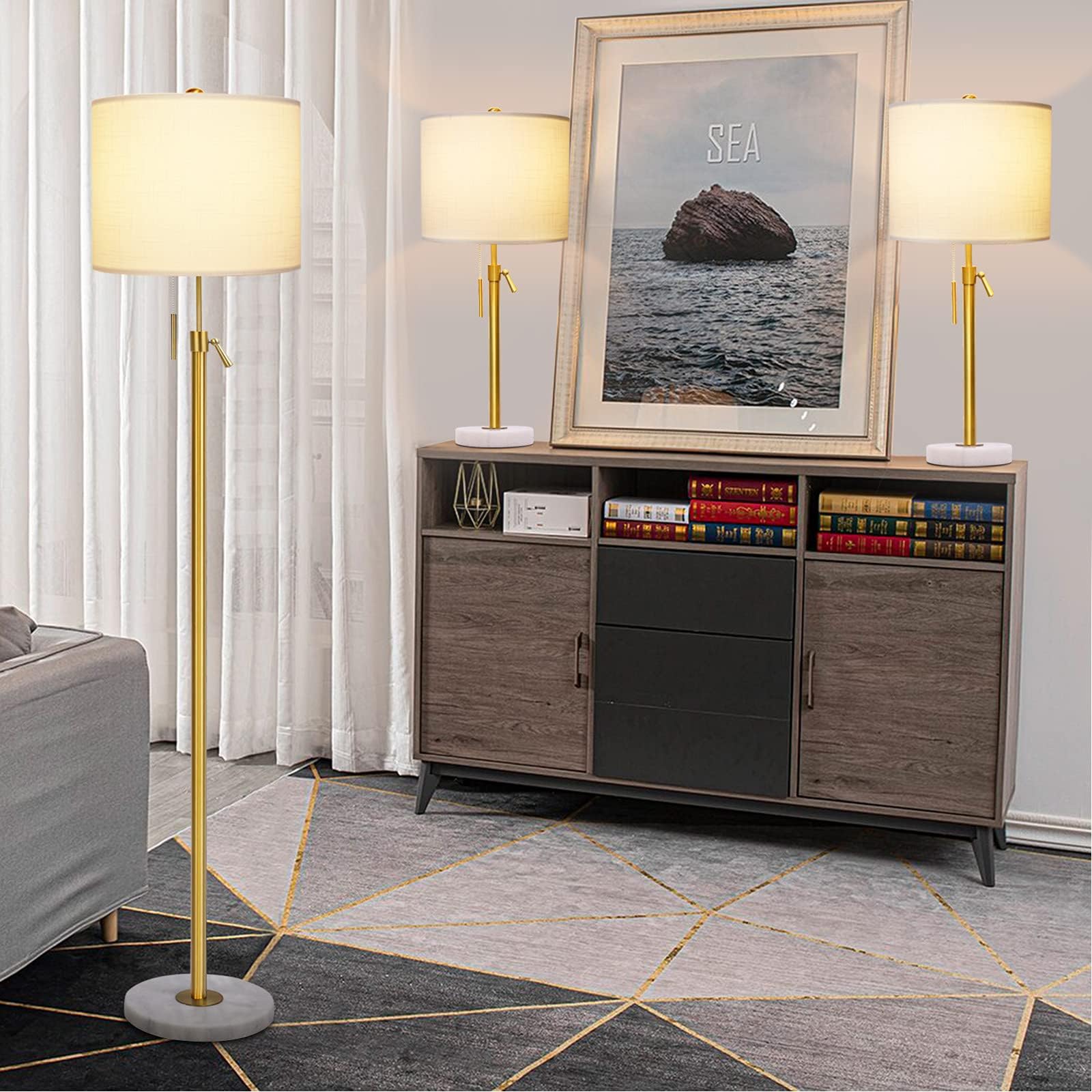 Modern 3-Piece Table & Floor Lamp Set - Adjustable Gold Lamps with Fabric Shades & Marble Base | Dimmable Pull Chain Bedside & Standing Lamps (Includes 3 LED Bulbs) - Perfect for Living Room, Bedroom & Office Lighting Decor