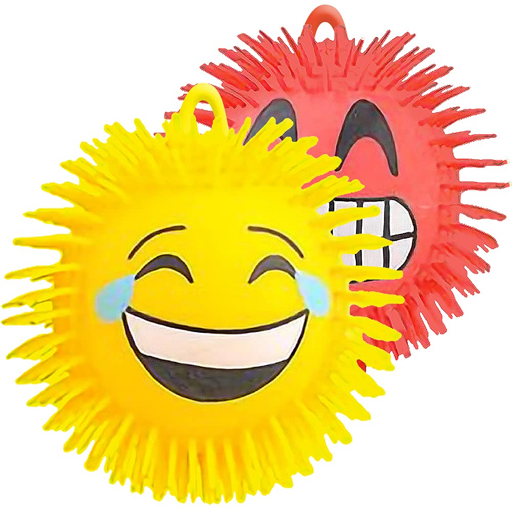 ArtCreativity Emoticon Puffer Ball Stress Relief Toy - Set of 2 Stretchy Rubber Fidget Toys for Kids & Adults - 7.5 Inch Sensory Play Anxiety Relief with Hanging Loop - Perfect for Office, Classroom & Home Use
