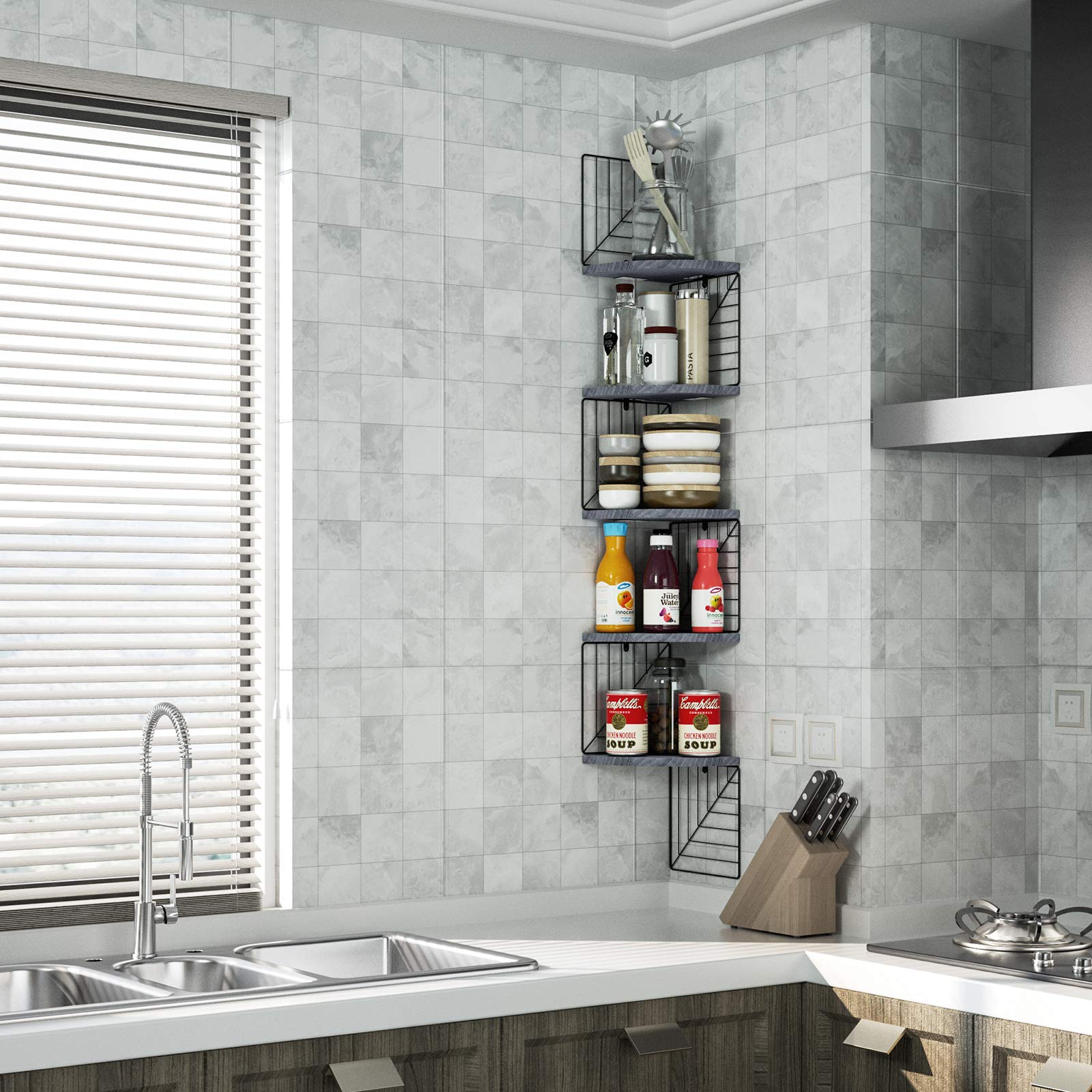 5-Tier Rustic Wood Floating Wall Shelves - Corner Shelf for Bedroom, Living Room, Bathroom, Kitchen & Office - Weathered Grey Finish - Perfect for Home Decor, Storage & Display