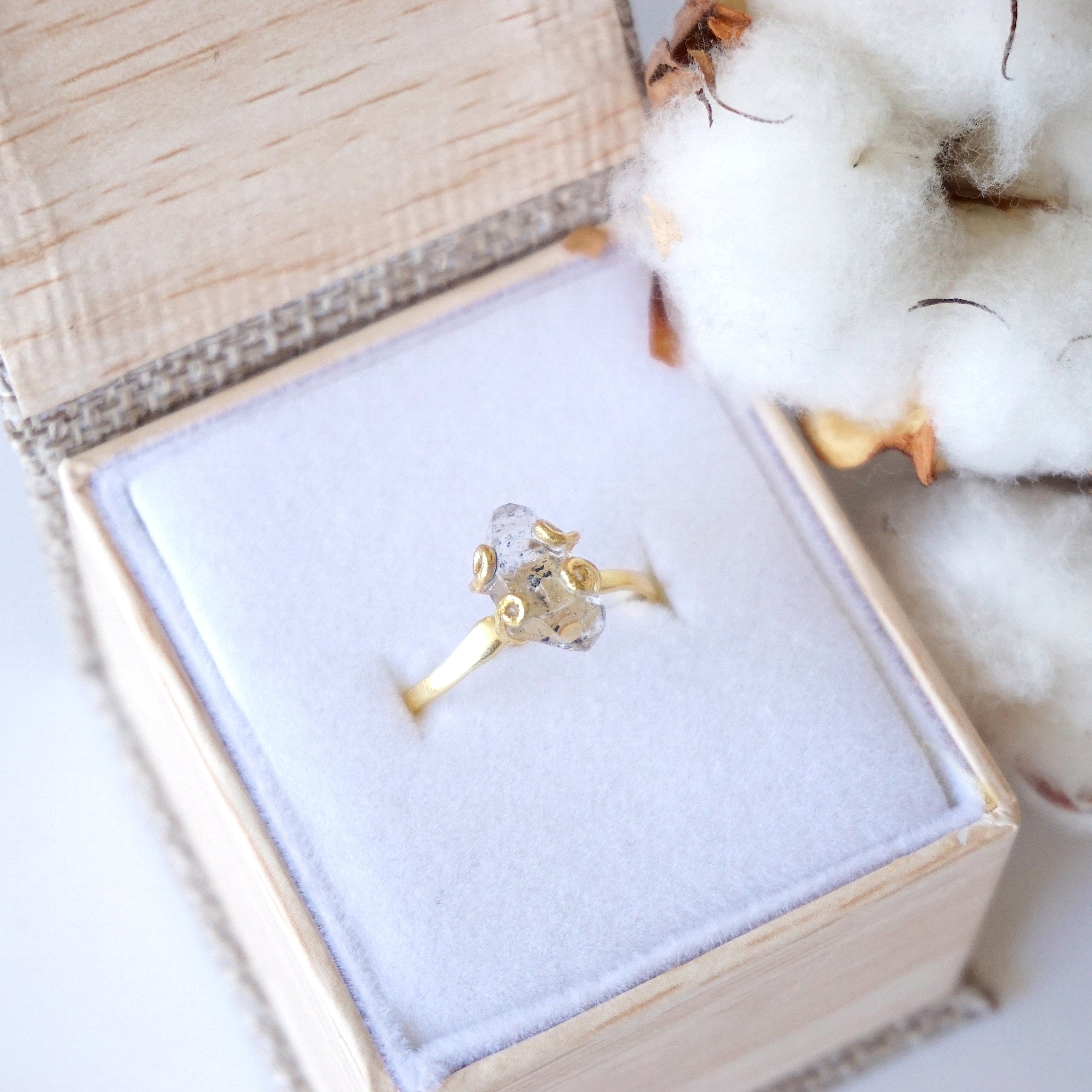 14K Gold Vermeil Adjustable Herkimer Diamond Ring - Elegant Stackable Jewelry for Everyday Wear & Special Occasions