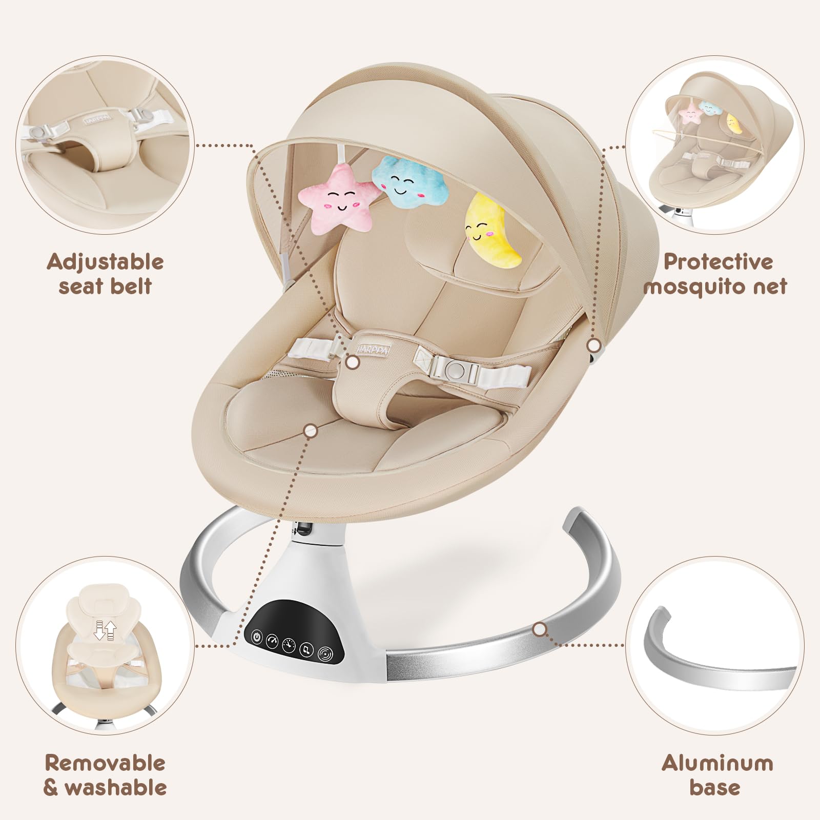 HARPPA Electric Baby Swing for Infants 0-12 Months - Portable Bluetooth Motorized Swing with 12 Lullabies, Auto Rocking & Adjustable Speeds - Perfect for Nursery, Travel & Soothing Newborns (Khaki)