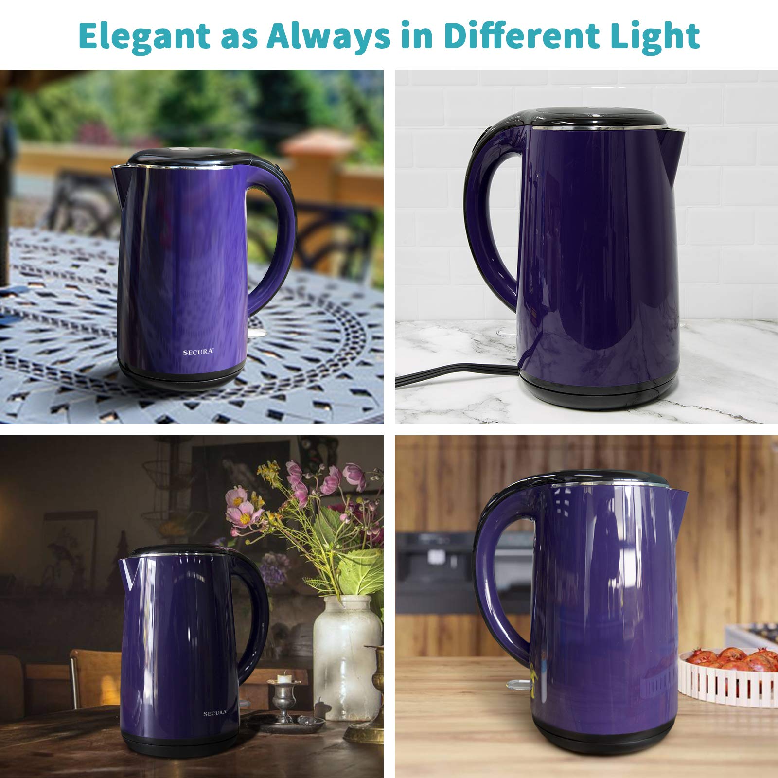 Secura 1.8 Quart Stainless Steel Electric Kettle with Auto Shut Off & Boil Dry Protection - Fast Heating, Quiet Operation for Coffee, Tea & Hot Beverages - Perfect for Home, Office & Dorm Use (Dark Purple)