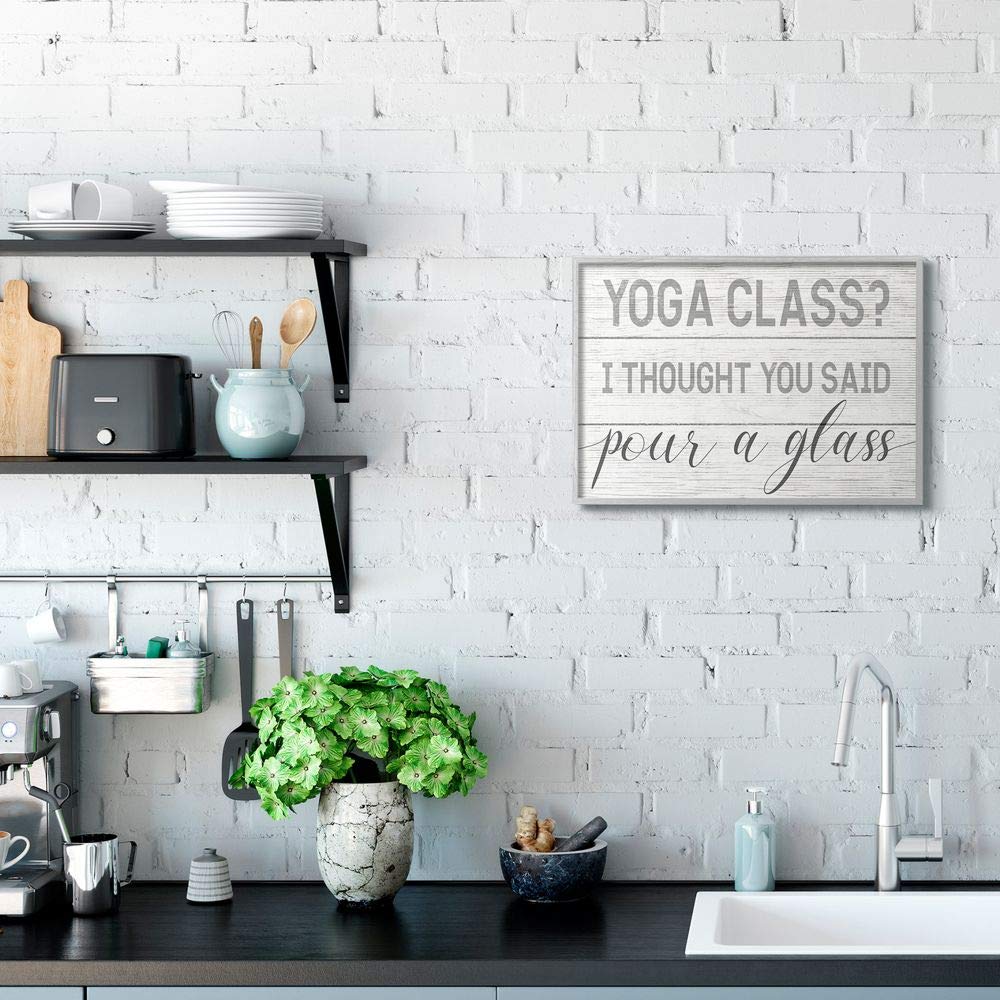 Stupell Industries Yoga Class or Pour A Glass Humorous Wall Art - 16x20 Grey Framed Decor by Daphne Polselli | Perfect for Yoga Studios, Bars & Home Decor