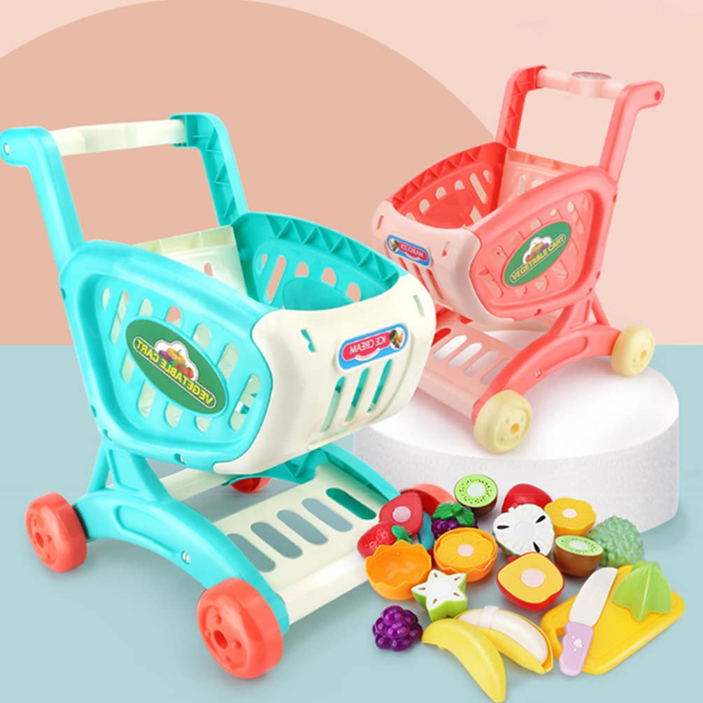 **Toyvian Blue Kids Shopping Cart Toy - Plastic Supermarket Handcart with Basket for Pretend Play, Kitchen & Grocery Store Role Play - Educational Toy for Toddlers & Preschoolers**