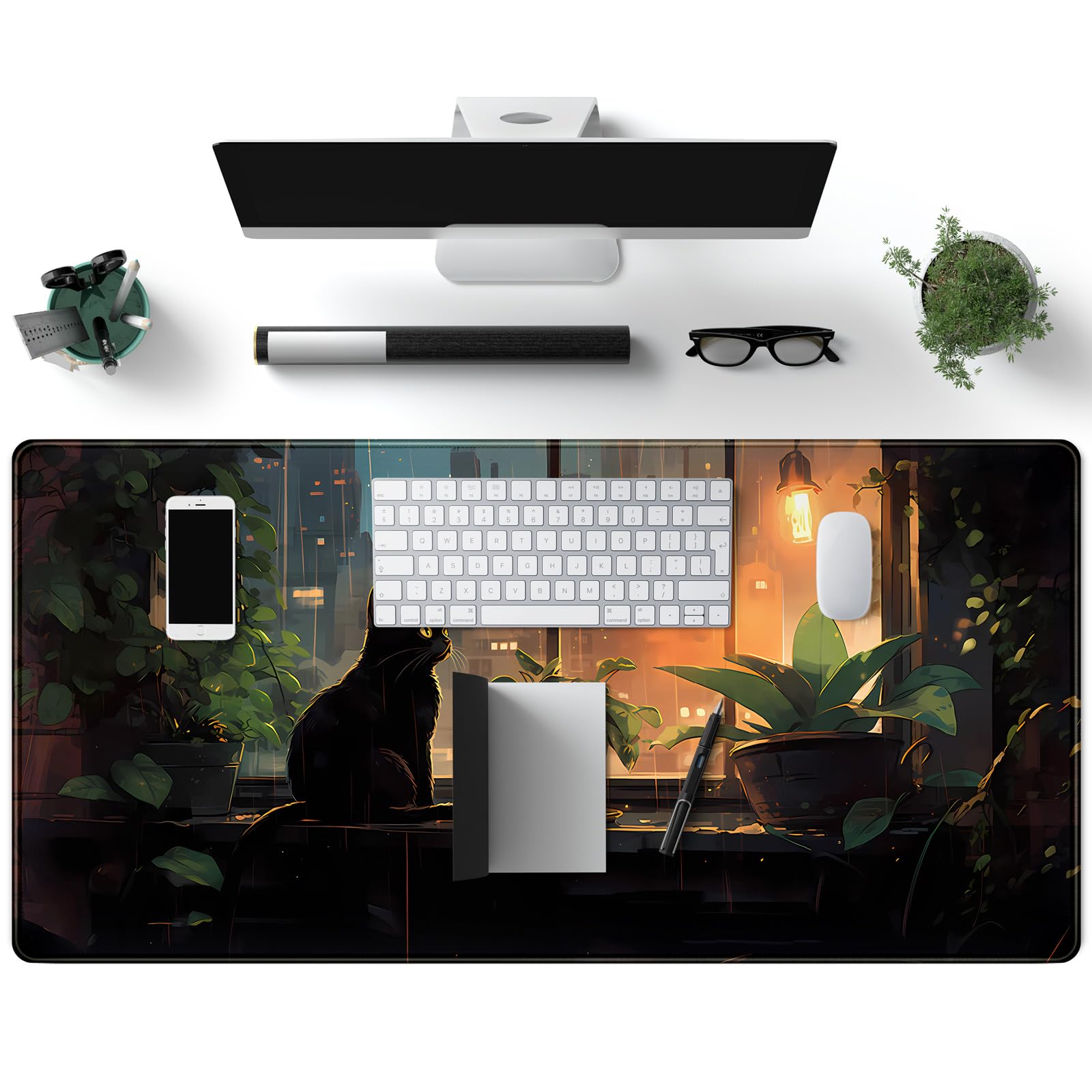 Black Cat Anime Desk Mat - Large Gaming Mouse Pad with Green Plants for Women, Perfect for Laptop & Desktop Decor