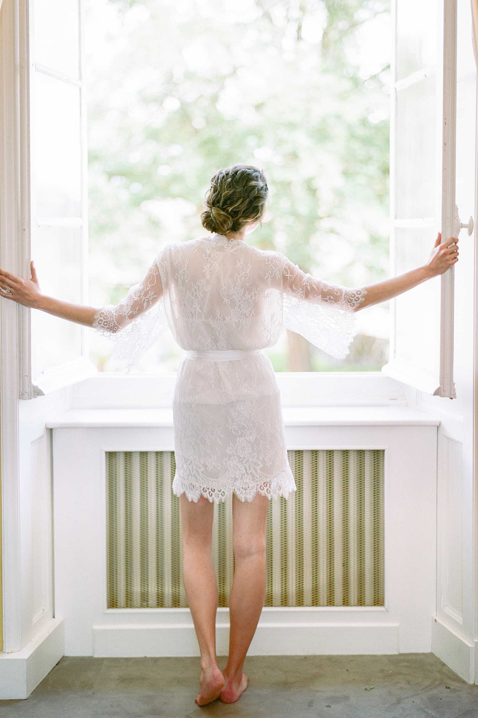 Elegant Swan Queen Lace Robe Kimono in Ivory with Silk Lining - Style 104SH | Perfect for Bridal Shower, Wedding Party & Luxury Loungewear