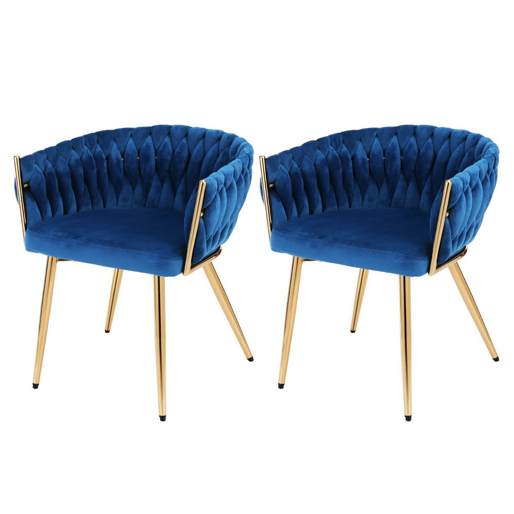 2 Pack Artiss Velvet Woven Dining Chairs - Blue Upholstered Armchairs for Kitchen, Dining Room & Home Decor