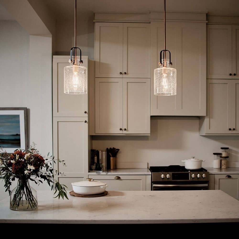 1 Light Contemporary Pendant Light Fixture with Clear Seeded Glass & Antique Copper Finish - Modern Dining Room, Kitchen Island or Entryway Lighting