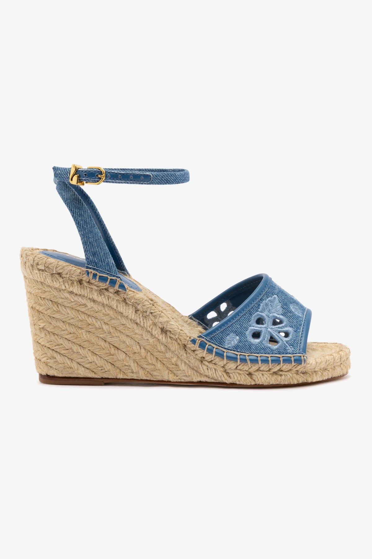 Letizia Espadrille Wedge Sandals - Blue Denim with Stone Embellishments & Hibiscus Embroidery | Comfortable Summer Wedges for Beach, Vacation & Casual Outings