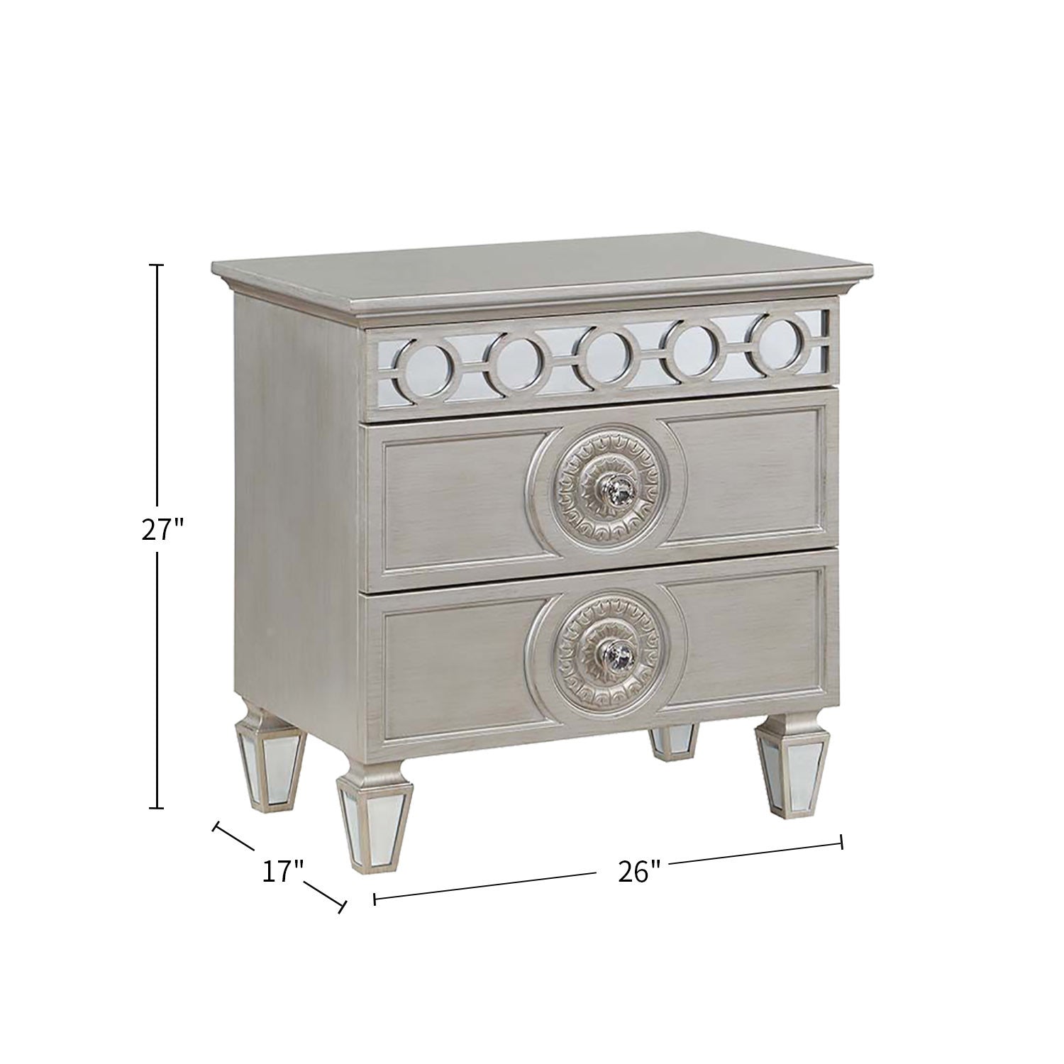 2 Drawers Nightstand with Mirror Inlay Trim in Silver Finish - Modern Bedside Table for Bedroom, Living Room & Guest Room - Perfect for Storage & Decor
