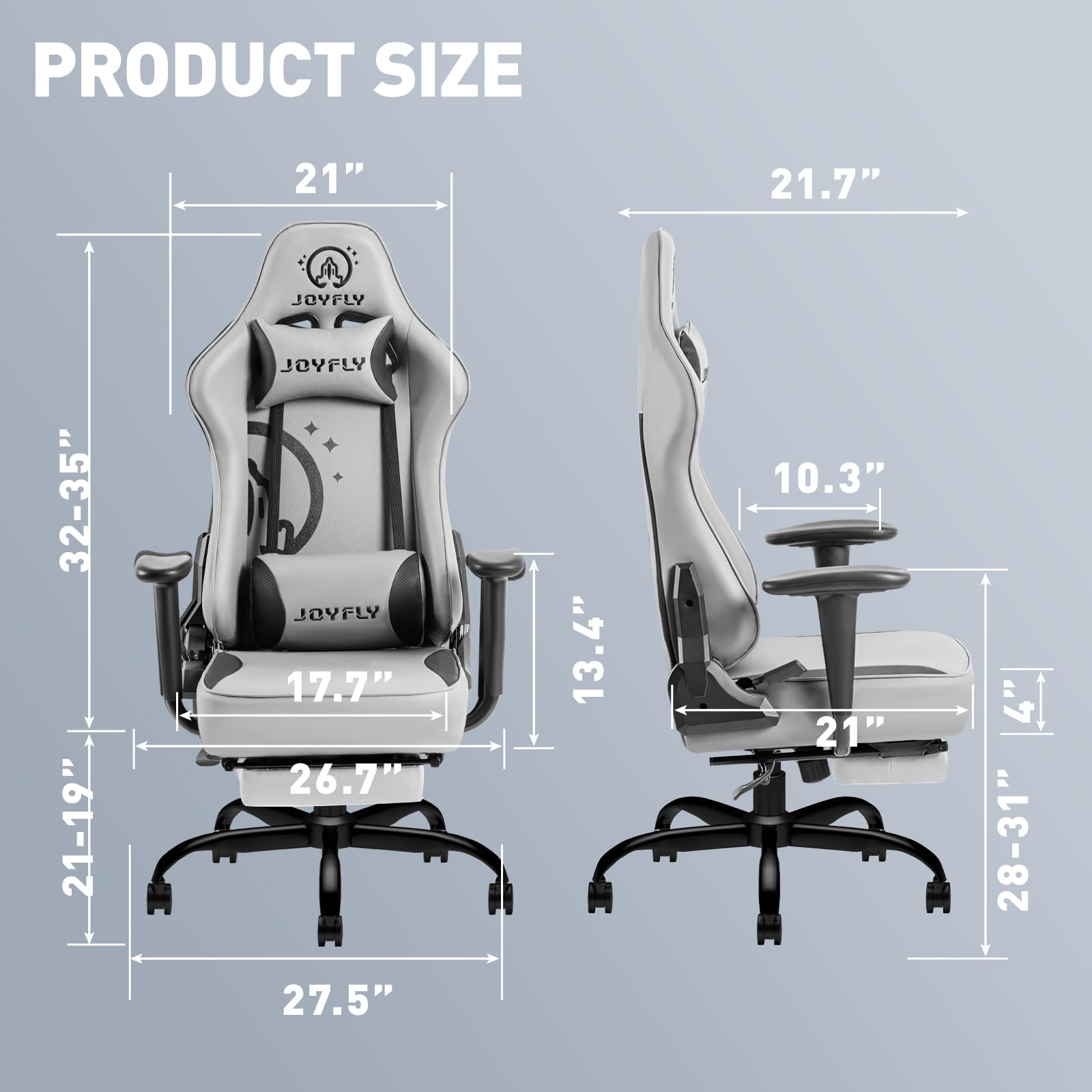 JOYFLY Ergonomic Gaming Chair with Footrest & Lumbar Support - High Back Racing Style PC Computer Office Chair for Adults - 350lbs Weight Capacity, Grey - Perfect for Esports, Streaming & Home Office Work