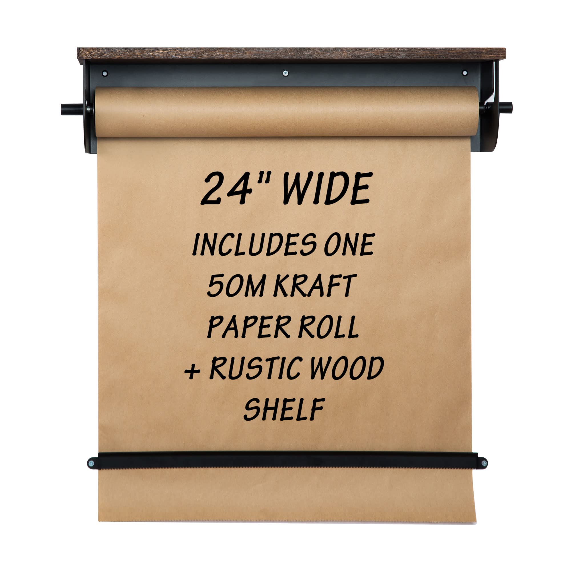 Rawsons 24-Inch Wall-Mounted Kraft Paper Roll Dispenser with Cutter - Includes 50m Kraft Paper Roll & Rustic Wood Shelf for Artwork, Notes, Planning - Perfect for Home Office, Business, Classroom & Creative Spaces