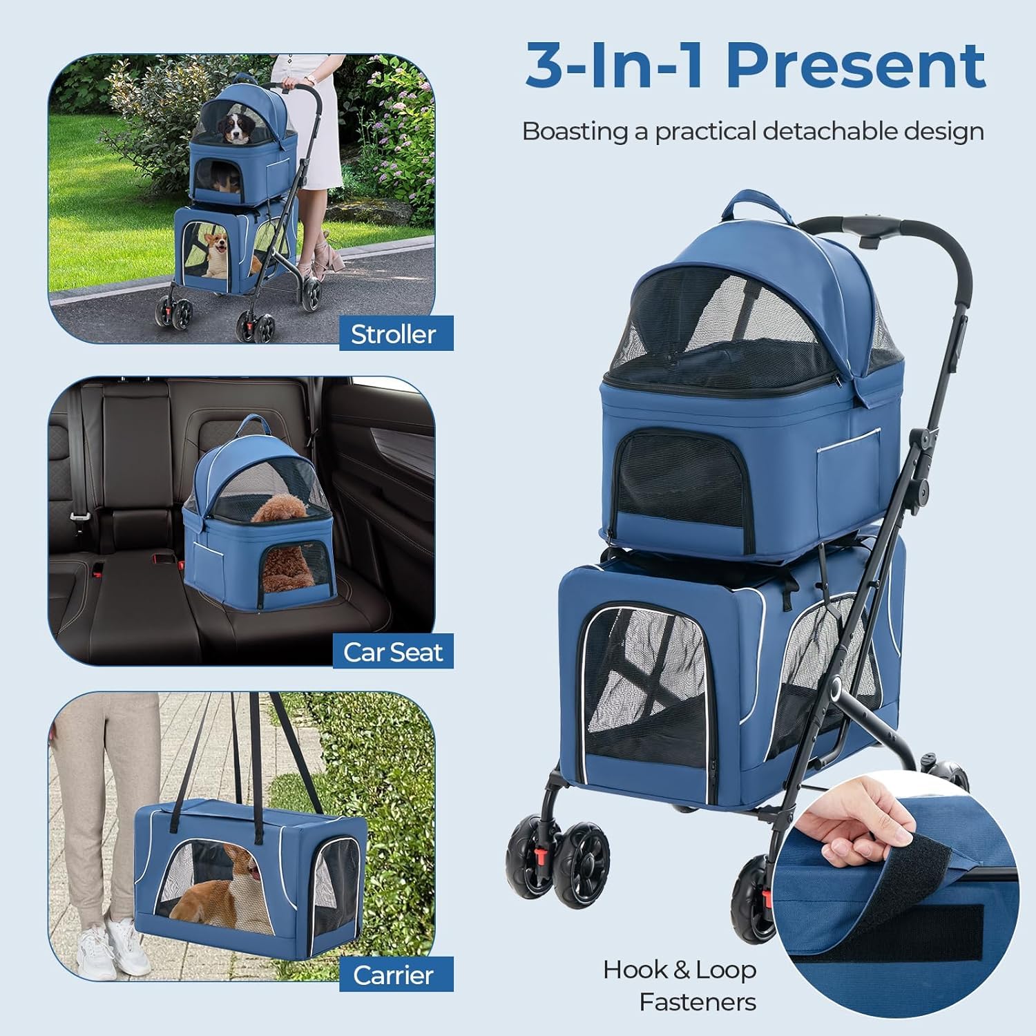 Premium 3-in-1 Double Dog Stroller with 2 Detachable Carriers | Safety Belt, Washable Cover & Removable Pads | 4-Wheel Design for Small & Medium Dogs | Perfect for Walking, Shopping & Vet Visits (Blue)