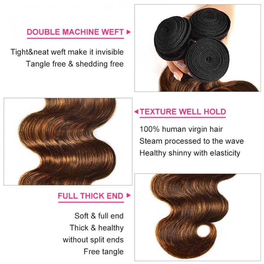 Beauty Forever FB30 Highlight Indian Body Wave Human Hair Weave 3 Bundles (16/18/20 Inch) - Balayage Ombre Blonde Remy Human Hair Extensions for Sew-In - Perfect for Daily Styling, Parties & Special Occasions
